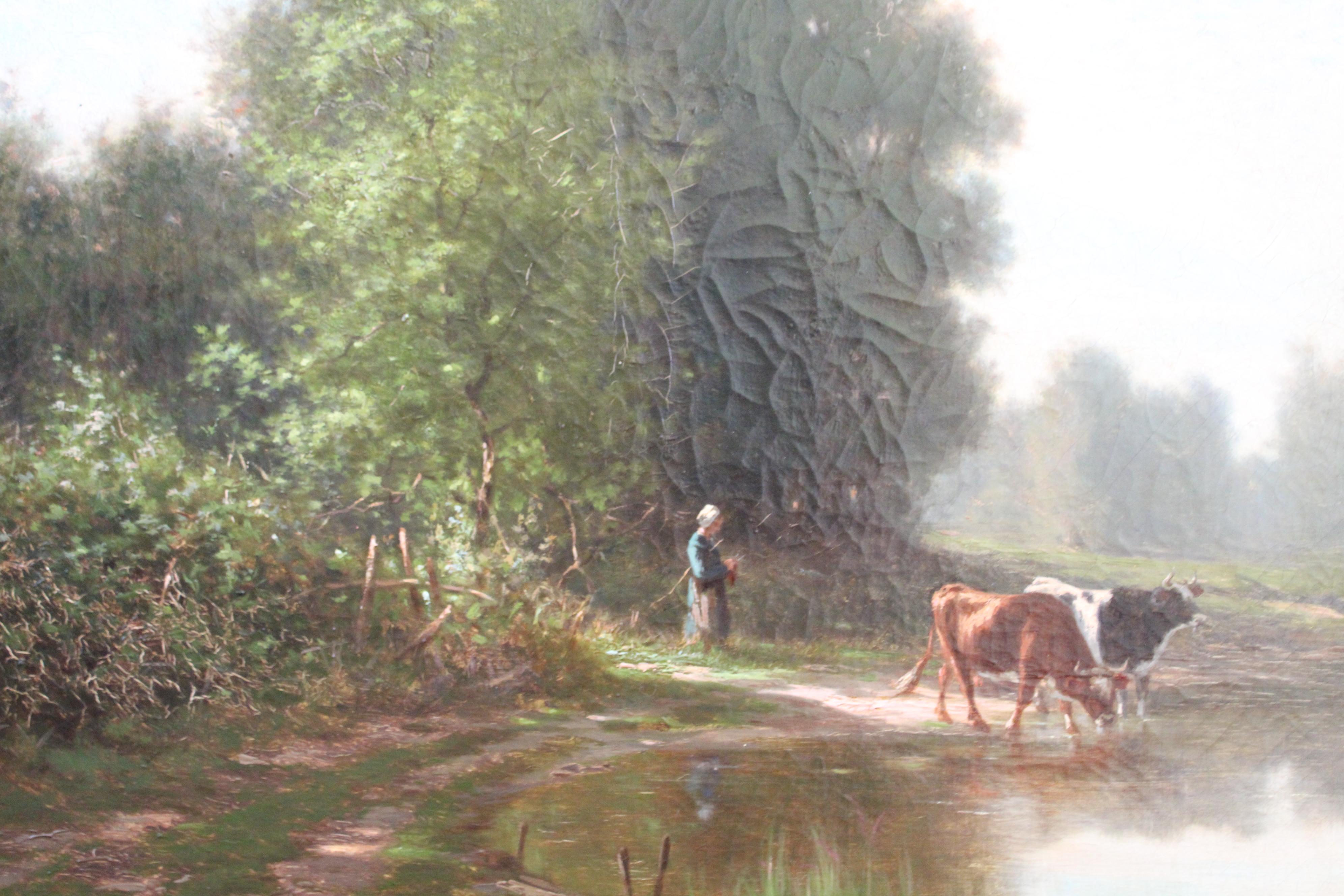 Paysage français ancien de Barbizon avec vaches, peinture à l'huile de Charles Georget en vente 4