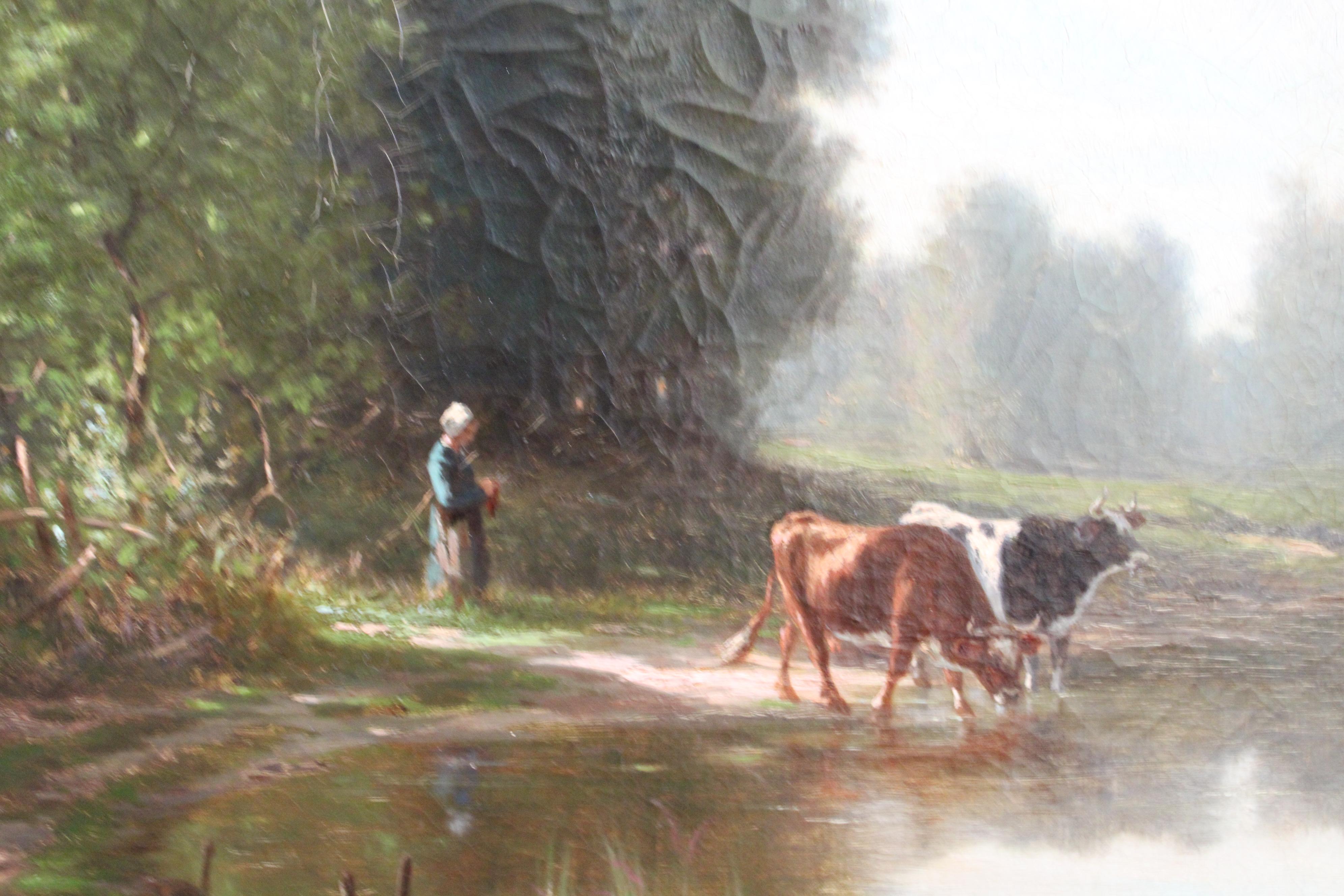 Paysage français ancien de Barbizon avec vaches, peinture à l'huile de Charles Georget en vente 5