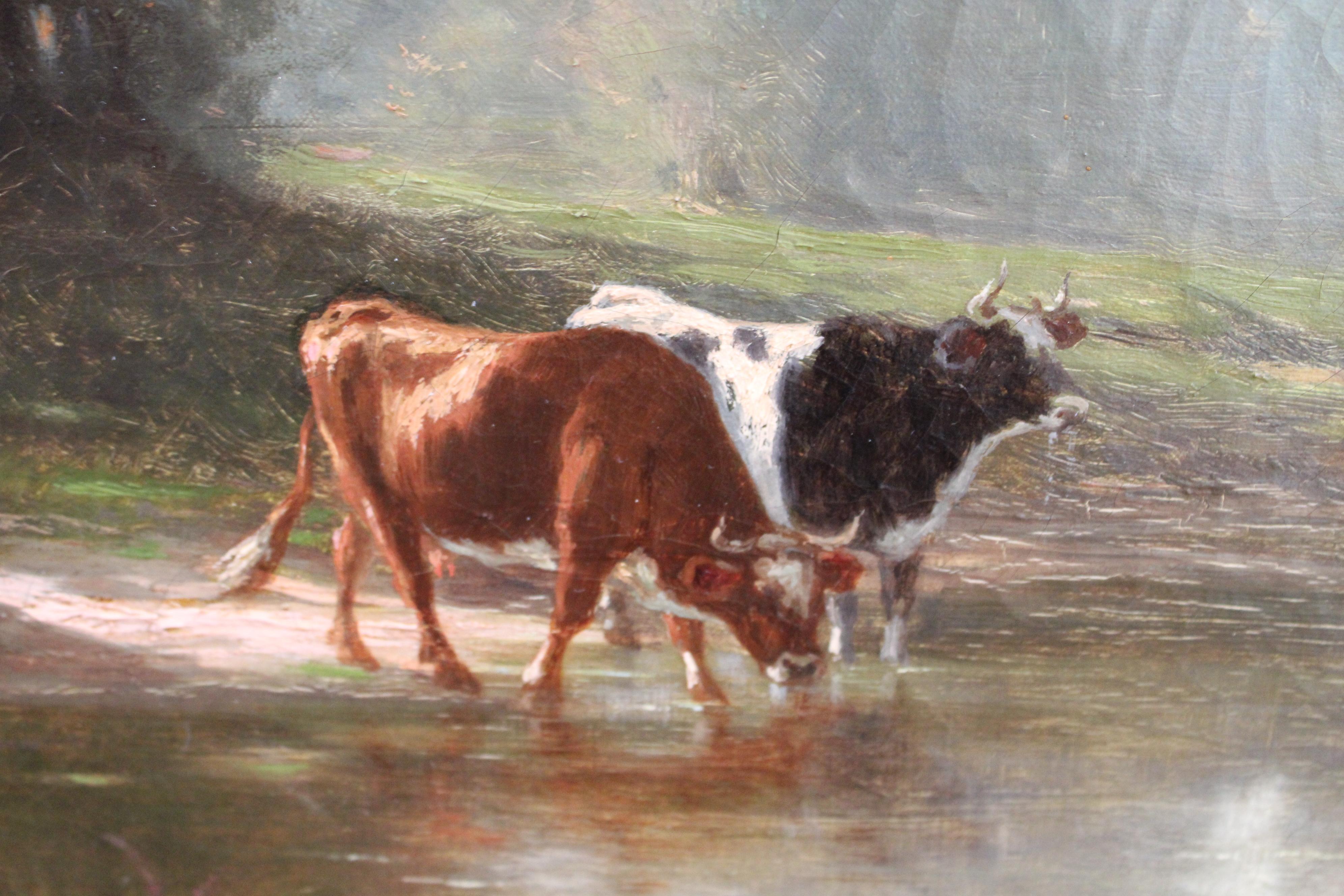 Paysage français ancien de Barbizon avec vaches, peinture à l'huile de Charles Georget en vente 7