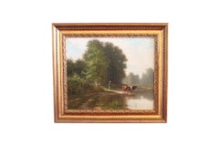 Paysage français ancien de Barbizon avec vaches, peinture à l'huile de Charles Georget