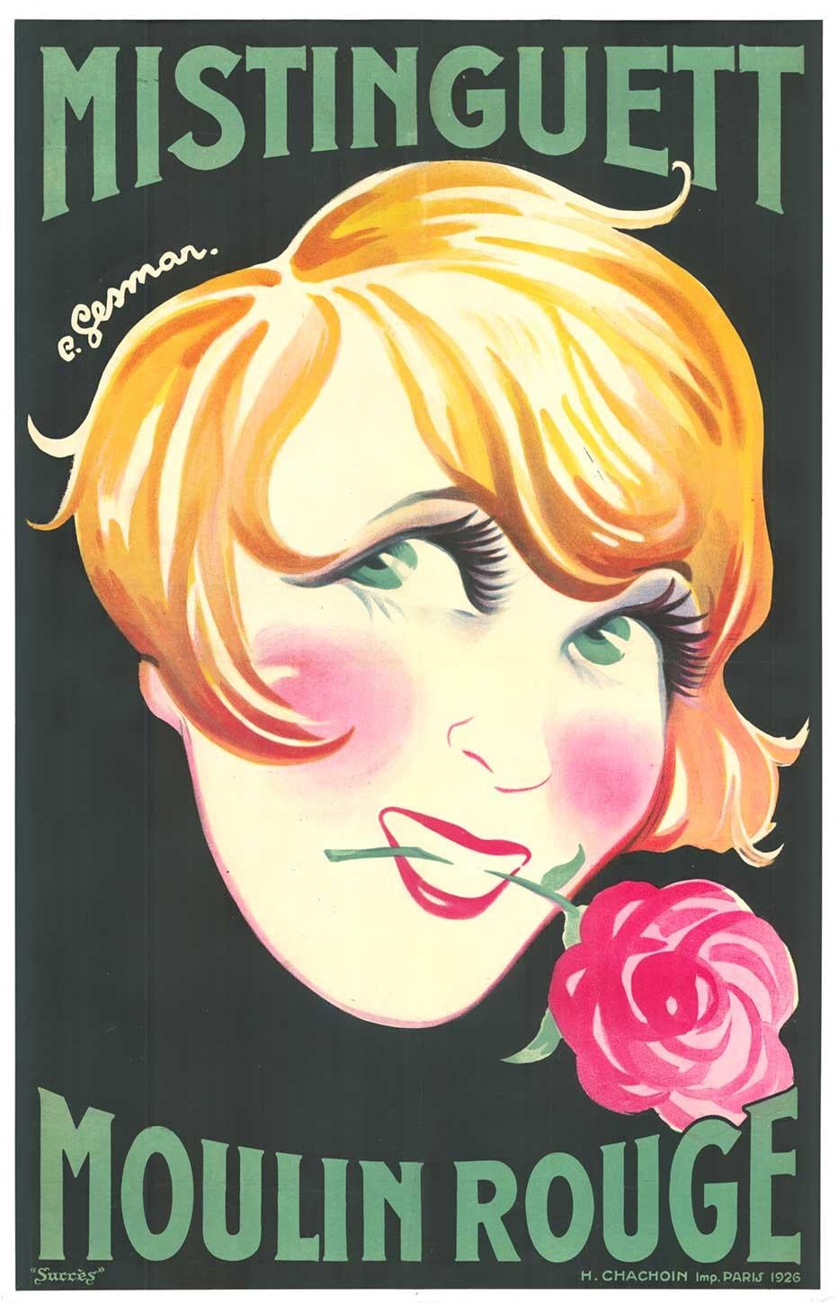 Original Moulin Rouge Mistinguett, 1926 French cabaret vintage poster sur lin