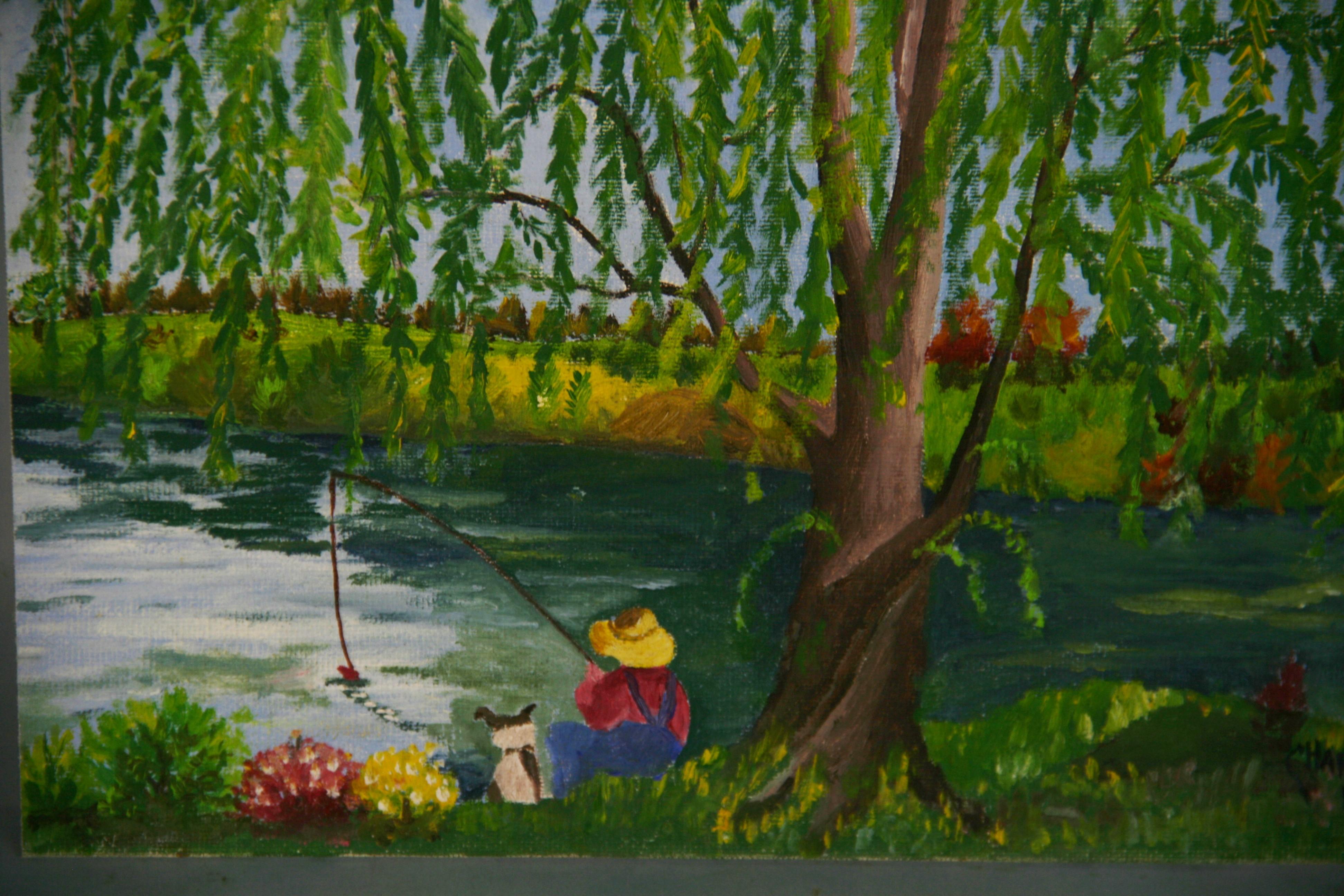 Paisaje Figurativo Impresionista Vintage Pescando en el Estanque Bajo un Árbol