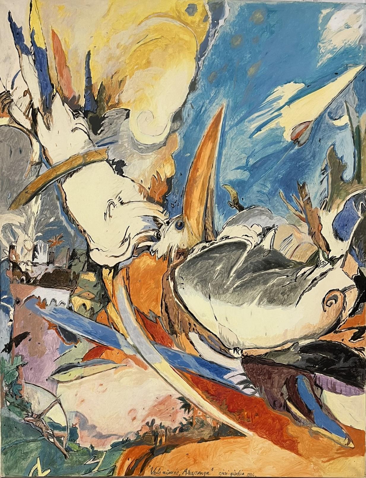 Charles Giai-Gischia Abstract Painting - Vols aimés, Arapongas, oil on canvas, 1984, 146 x 104 cm, signed and dated