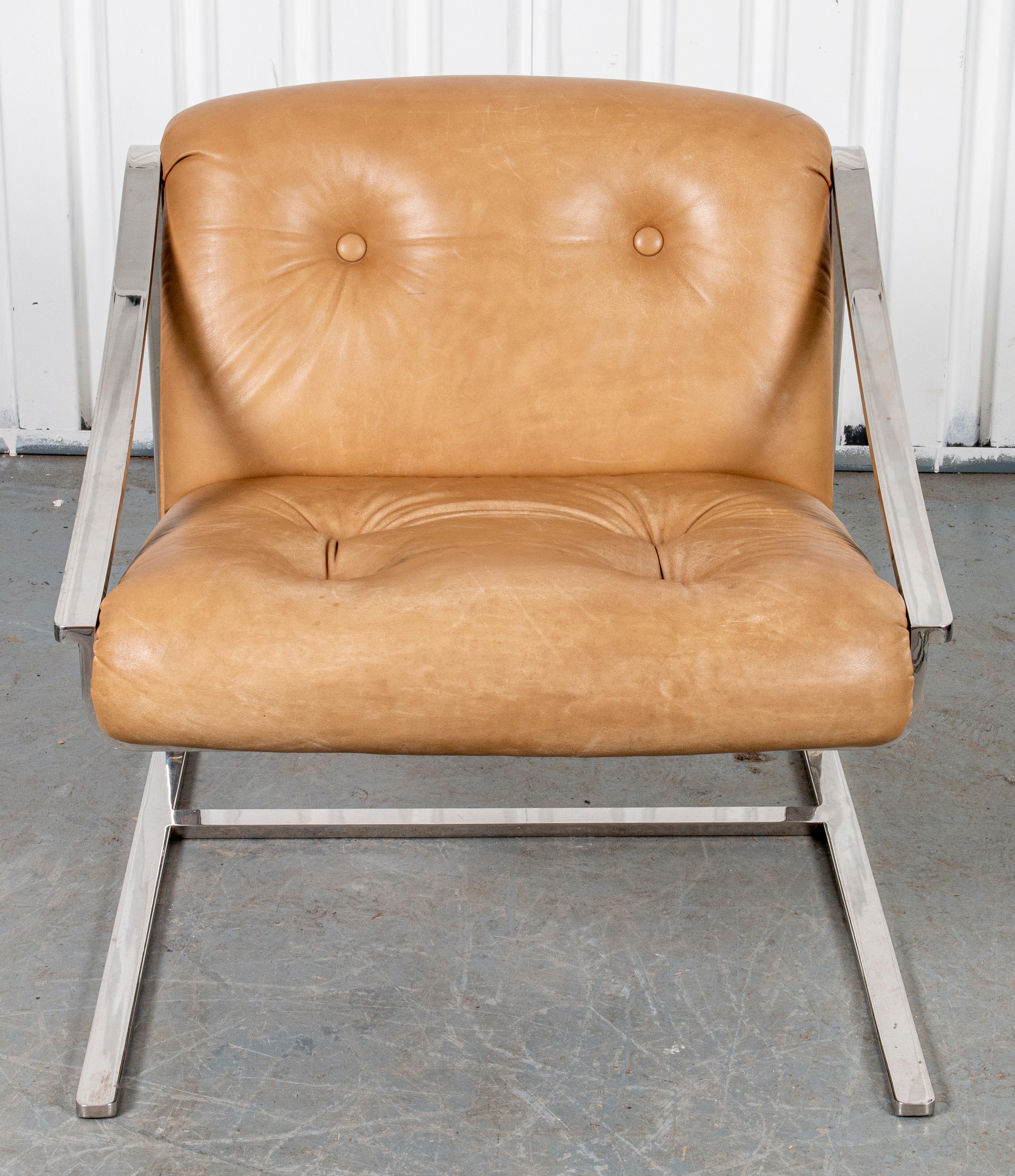 Charles Gibilterra for Brueton Modern leather and chrome cantilever armchair or lounge chair, makers label on bottom. Measures: 29