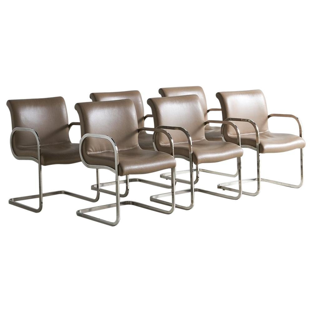 Set of 6 Leather + Chrome "Ghia" Dining Chairs by Charles Gibilterra for Breuton