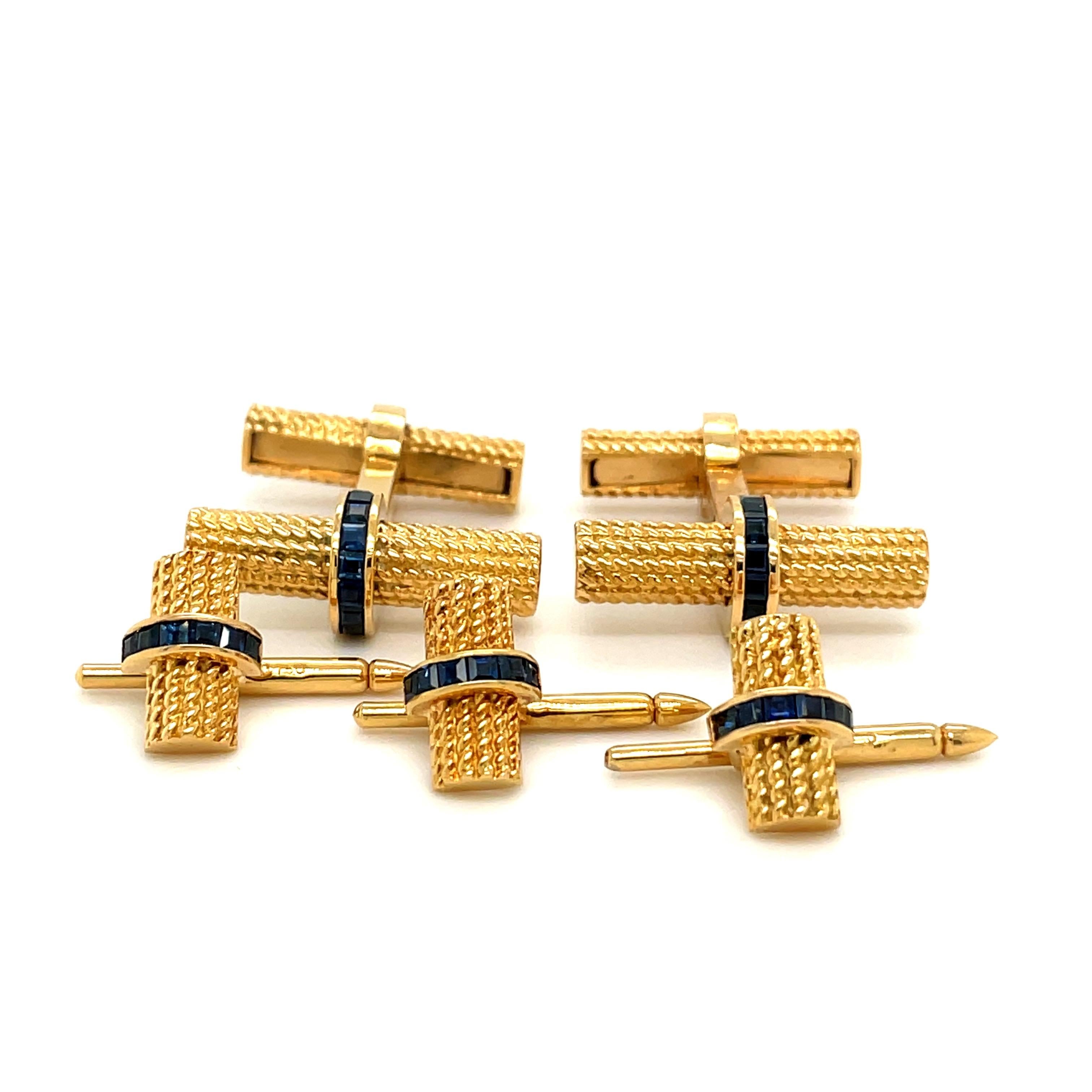 Contemporary Charles Gold 18kt Yellow Gold Blue Sapphire 2.11ct. Cuff Links/ Studs Dress Set