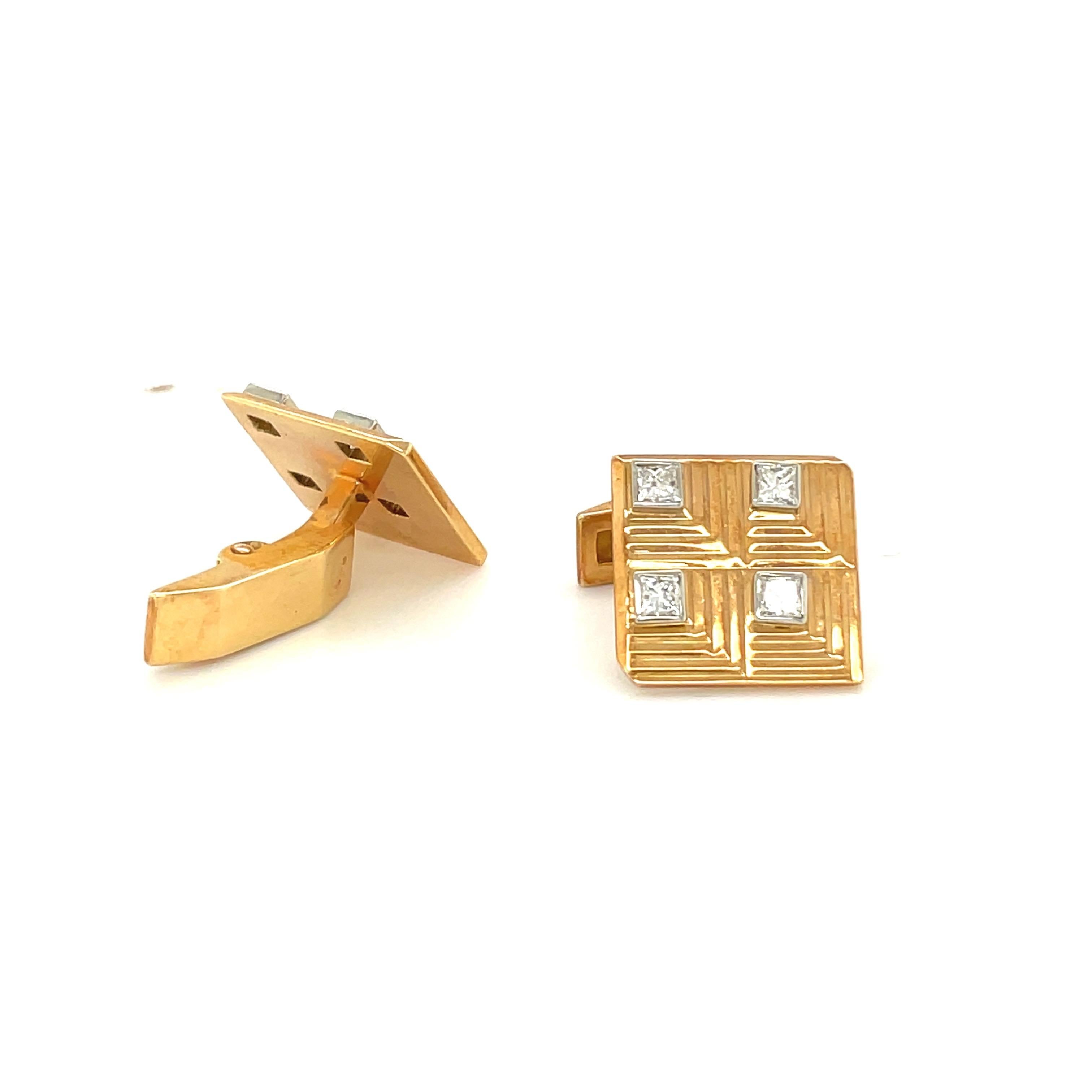 Art Deco Charles Gold & Co. 18kt Yellow Gold & Diamond 1.34ct Cuff Links/Studs Dress Set For Sale