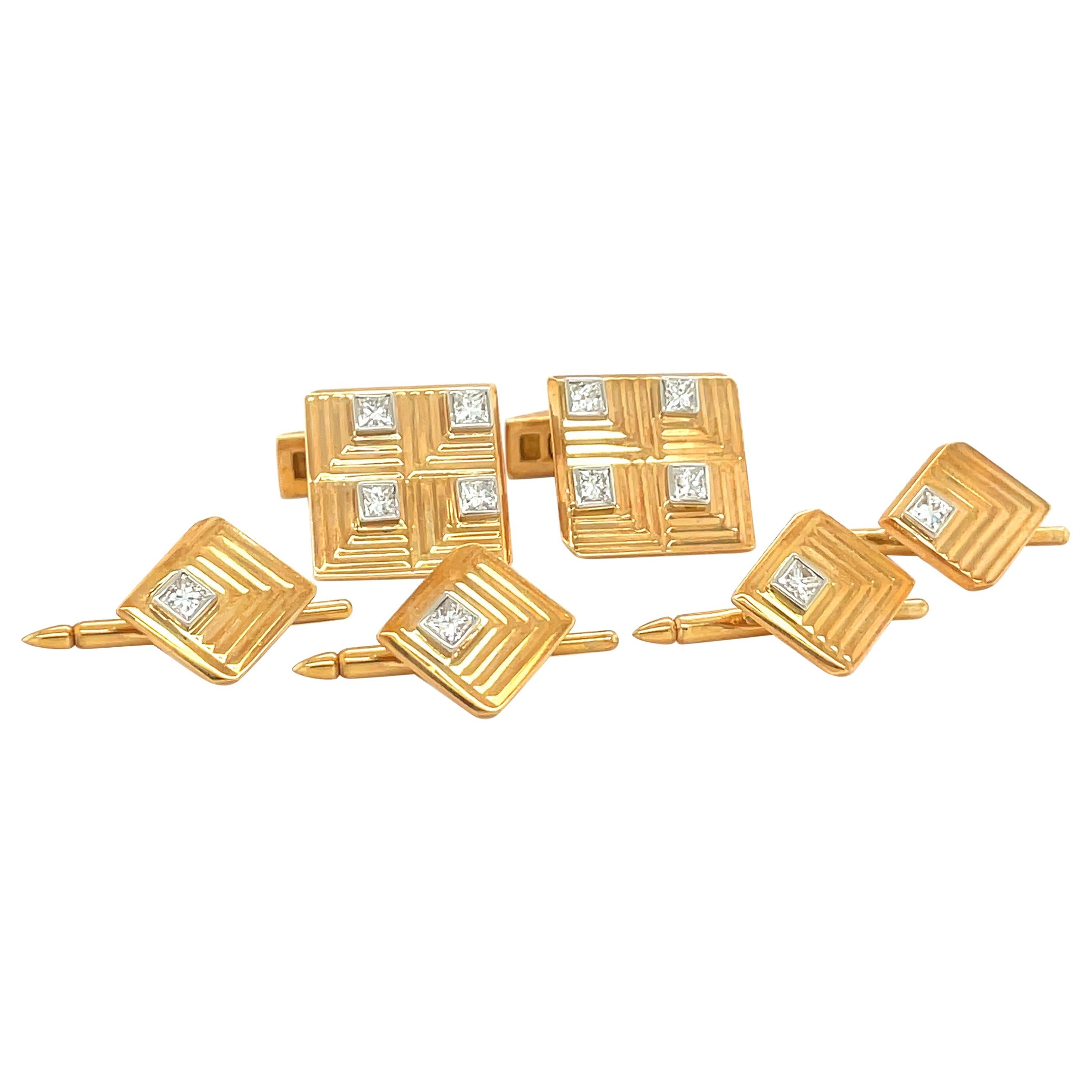 Charles Gold & Co. 18kt Yellow Gold & Diamond 1.34ct Cuff Links/Studs Dress Set For Sale