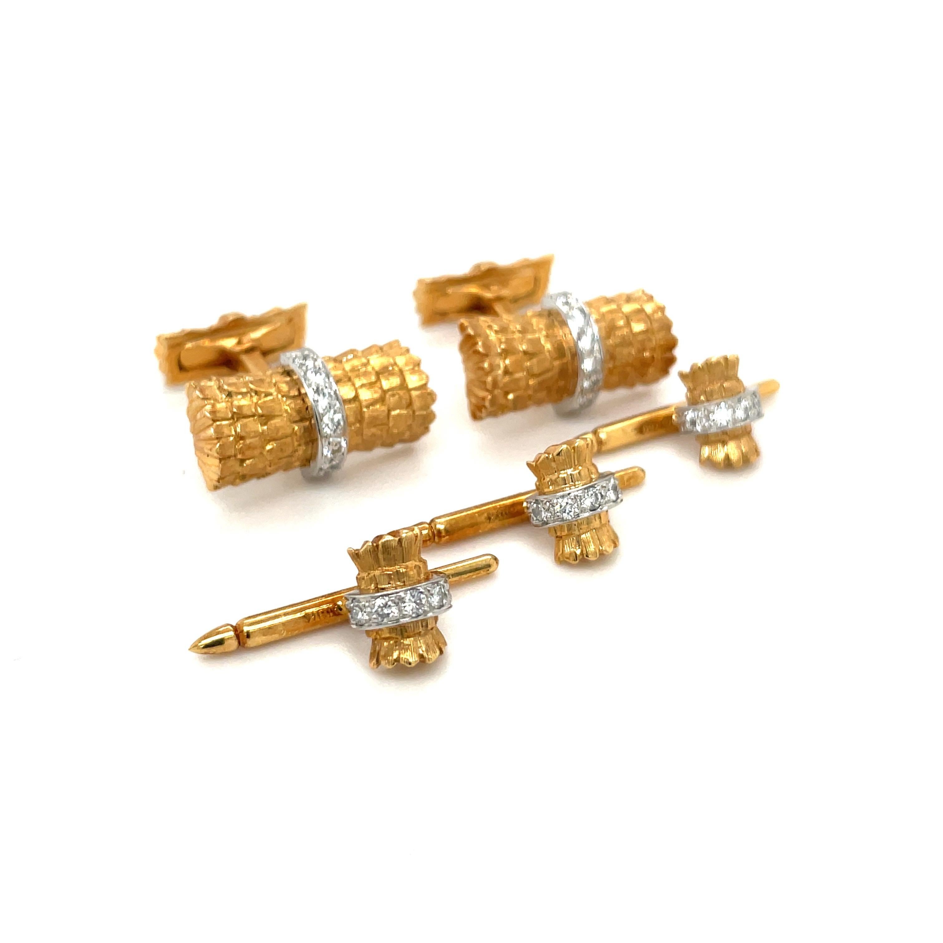 Contemporary Charles Gold Yellow Gold .80Ct Diamond Cuff Links / Studs Dress Set
