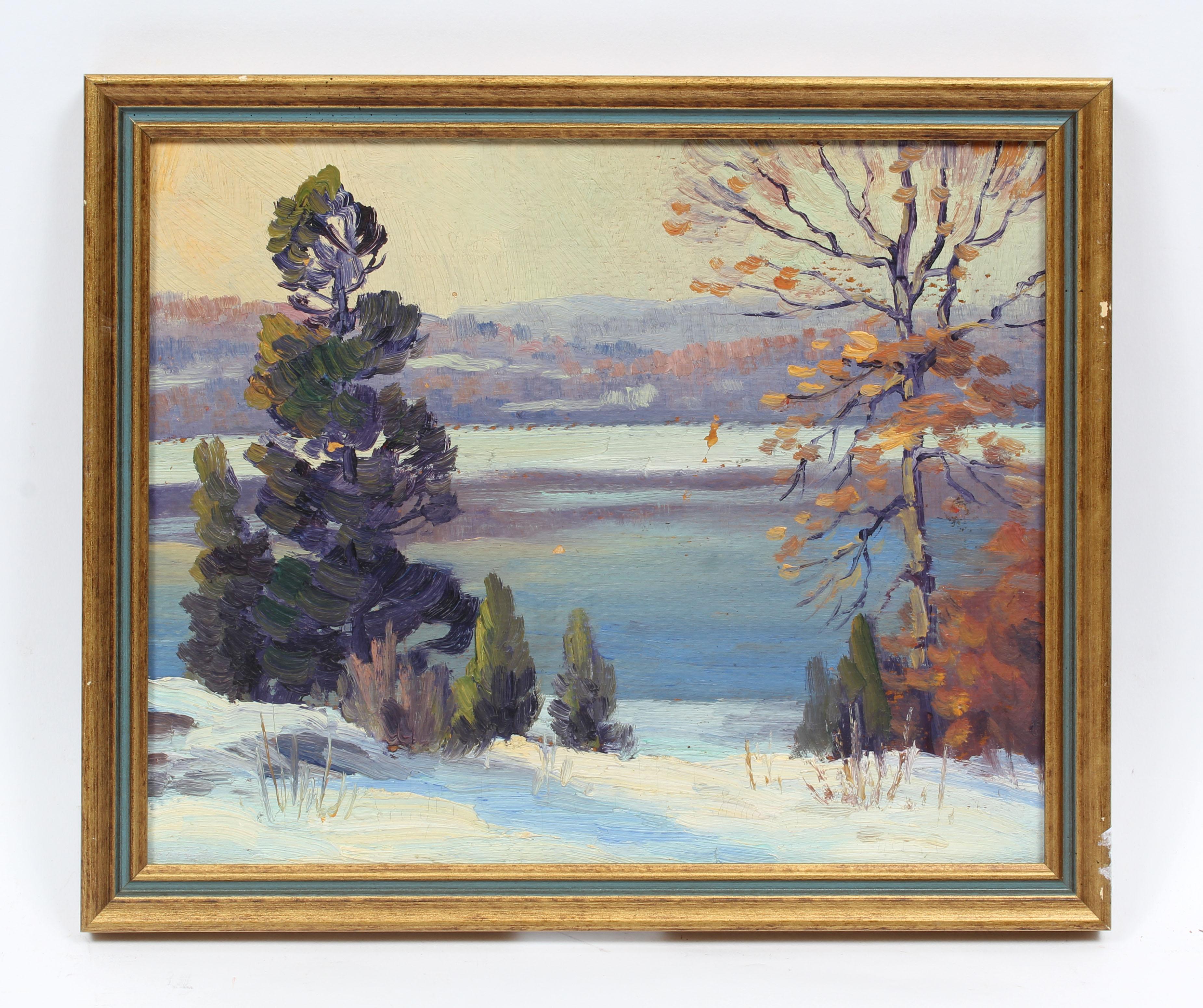 Antike amerikanische impressionistische Landschaft, Original-Ölgemälde, Schnee Fluss, Original  – Painting von Charles Gordon Harris