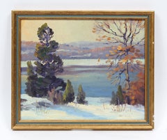 Antiguo paisaje impresionista americano Río nevado Pintura al óleo original