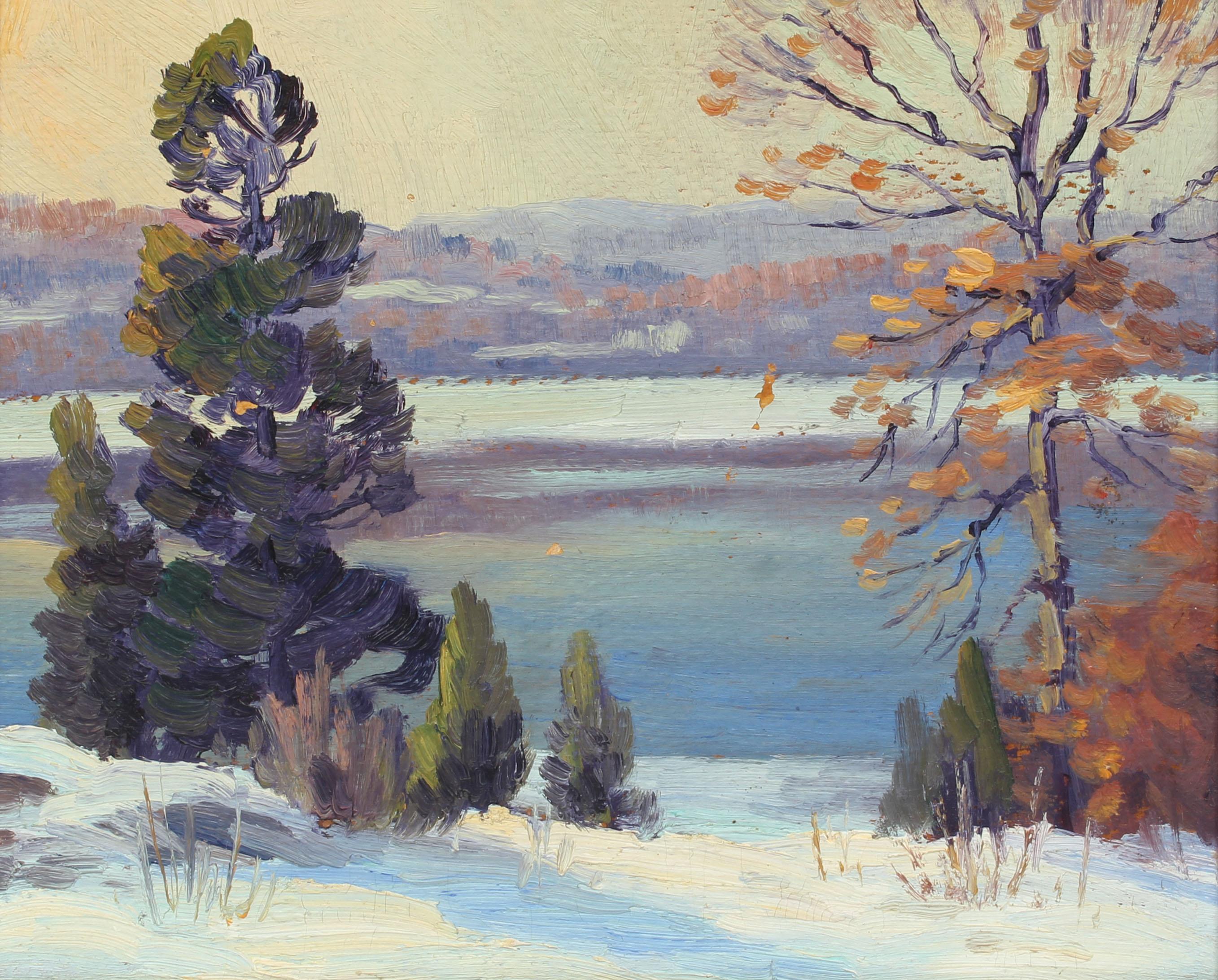 Antike amerikanische impressionistische Landschaft, Original-Ölgemälde, Schnee Fluss, Original  (Impressionismus), Painting, von Charles Gordon Harris