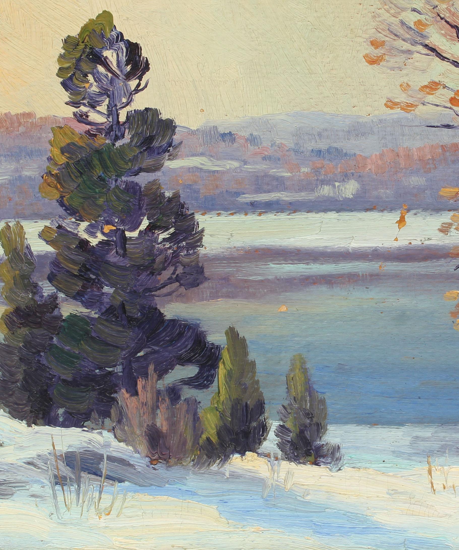 Antike amerikanische impressionistische Landschaft, Original-Ölgemälde, Schnee Fluss, Original  (Grau), Landscape Painting, von Charles Gordon Harris
