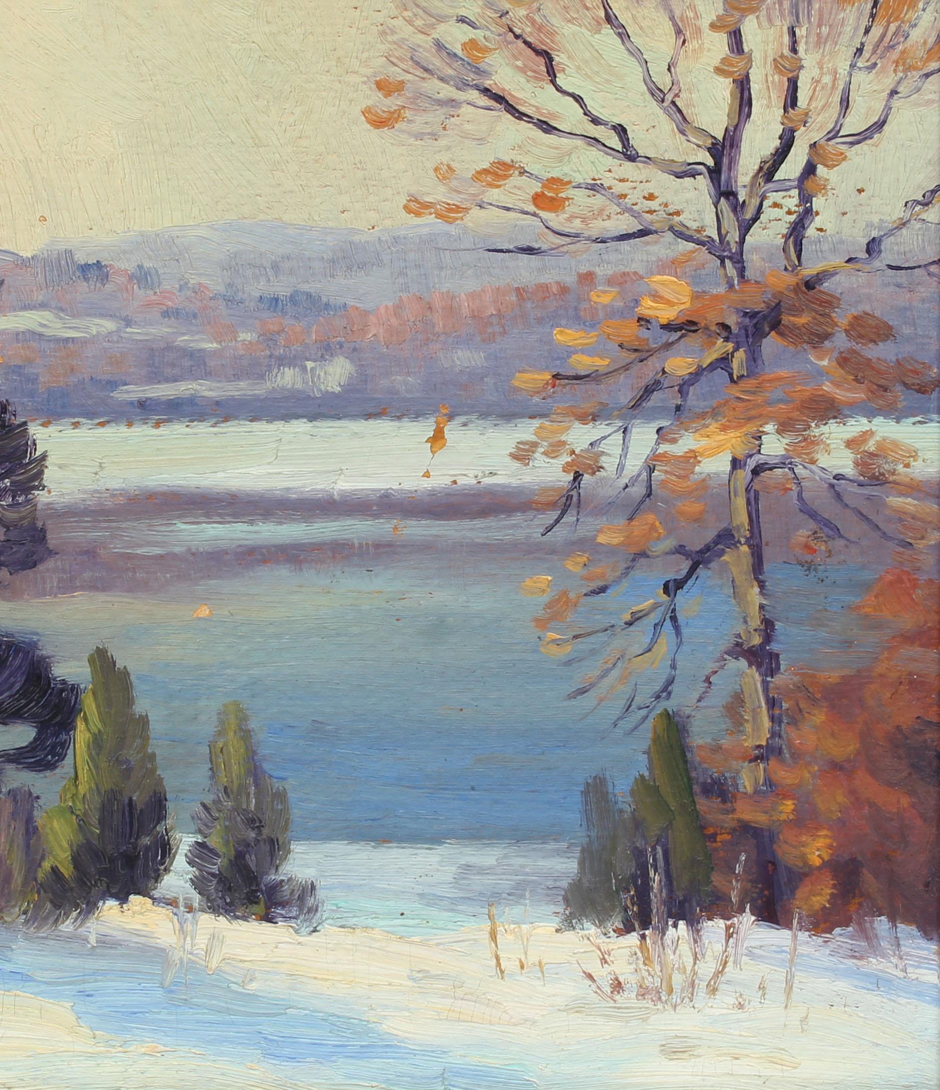Antique American Impressionist Landscape Snow River Original Oil Painting  - Gray Landscape Painting by Charles Gordon Harris