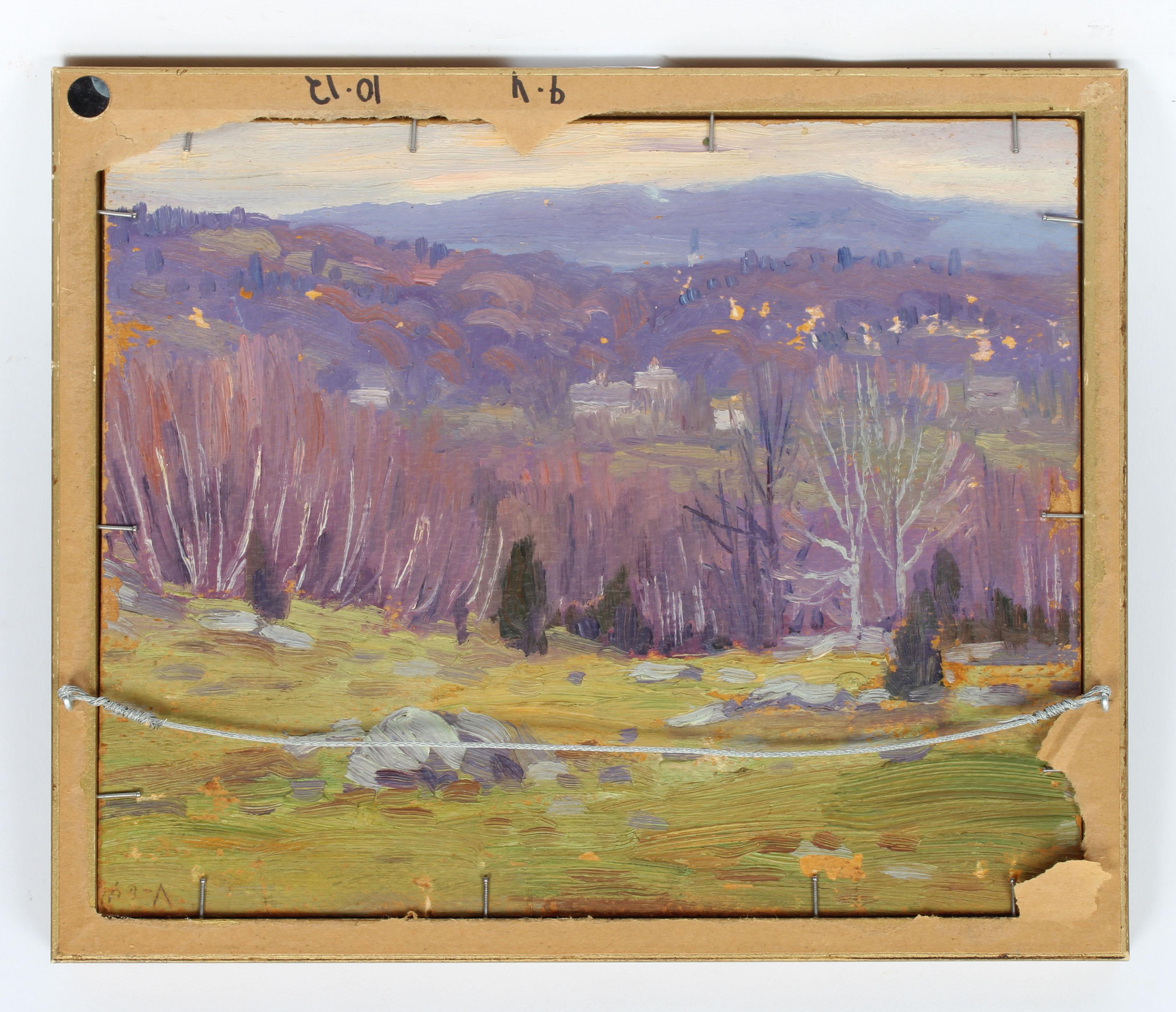 Antique American impressionist landscape oil painting by Charles Gordon Harris (1891 - 1963).  Oil on board, circa 1920. Signed.  Displayed in a period giltwood frame.  Image, 11