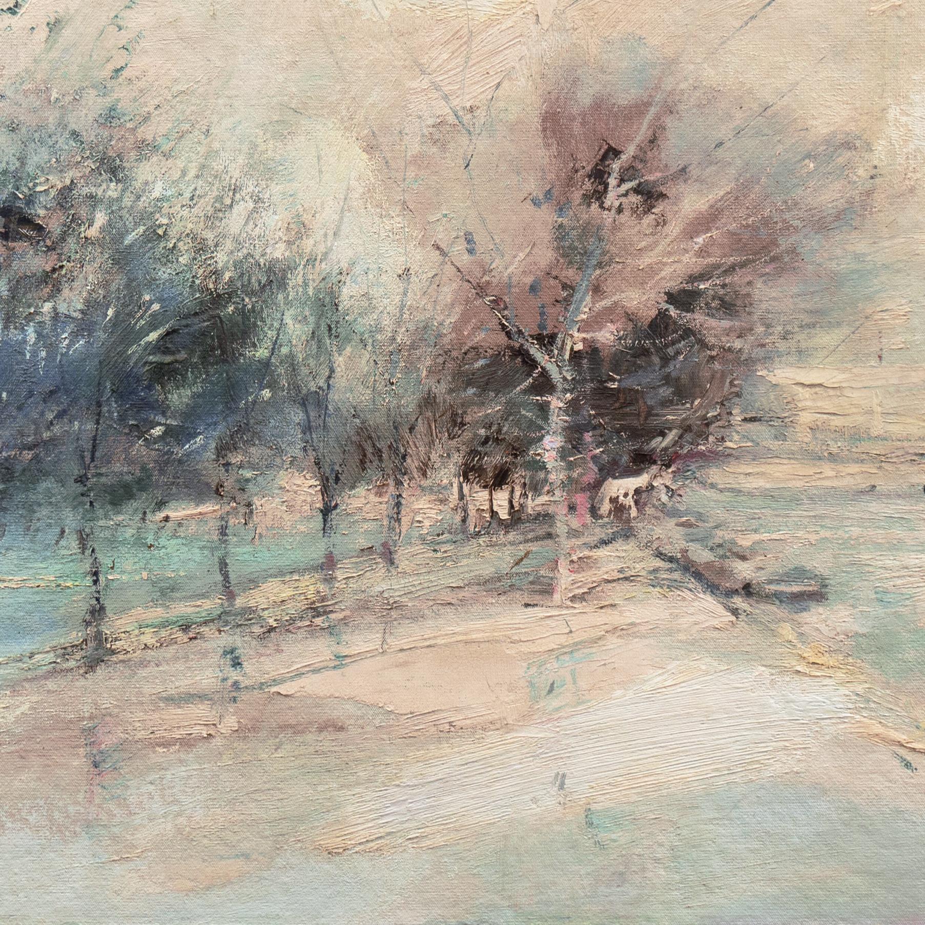 Signed lower right, 'Charles Harris', for Charles Gordon Harris (American, 1891-1963)  and additionally signed verso.

A substantial and atmospheric landscape showing a view of the Seine in winter with bare trees contrasted against a background of