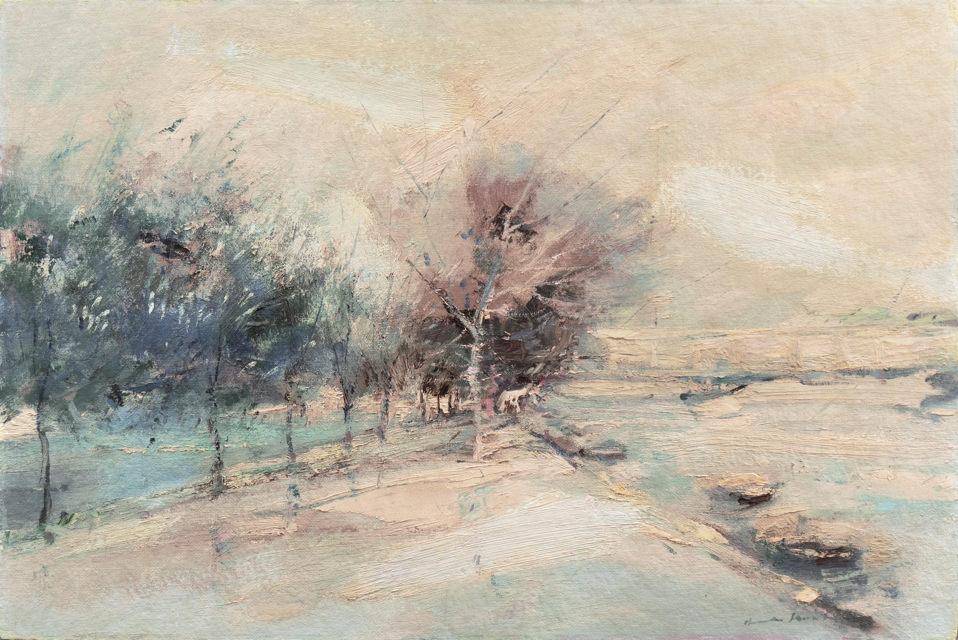 Charles Gordon Harris Landscape Painting - 'The Seine in Winter', School of Paris, Tonalist, Snowy French Landscape, Mood