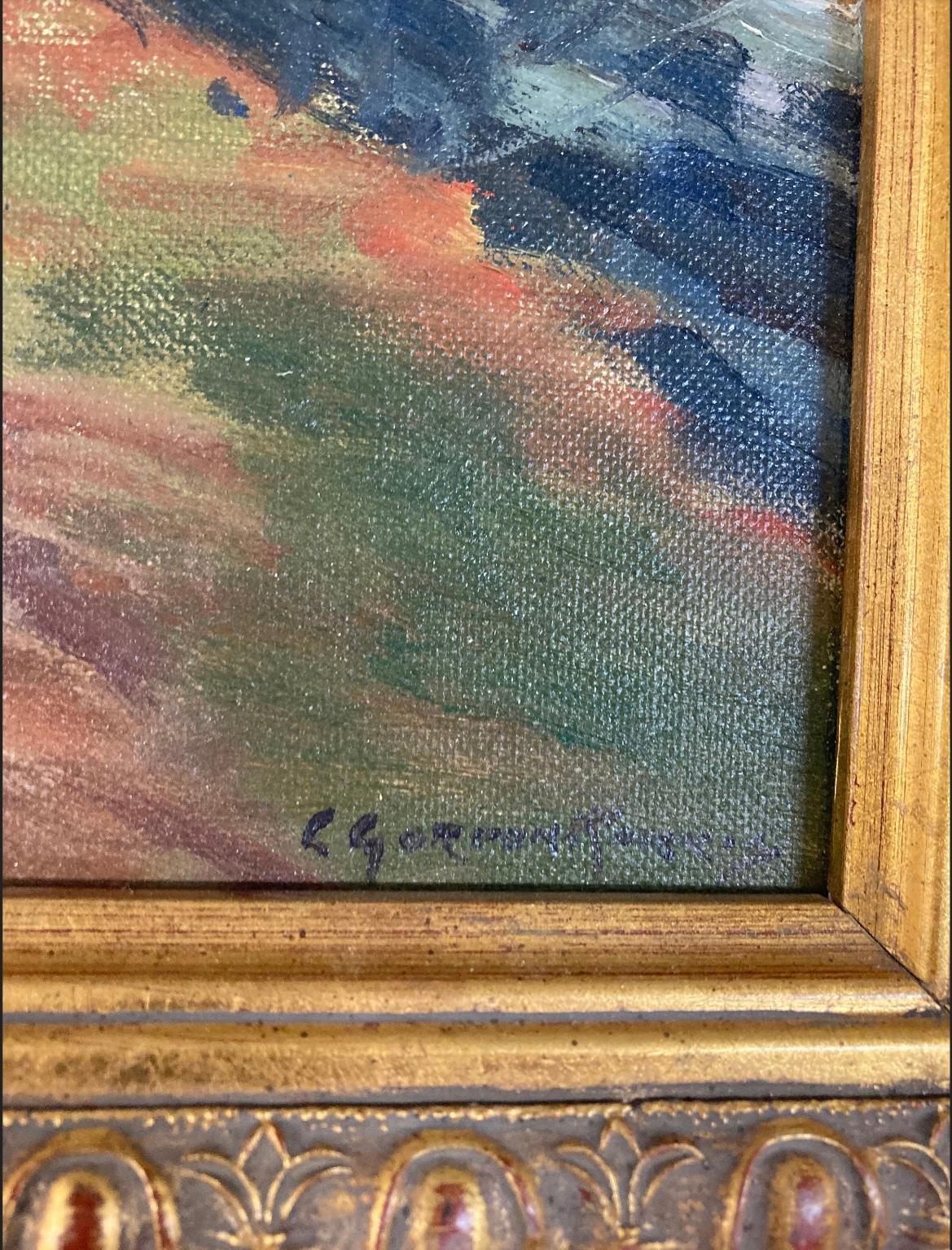 This is an original oil on board painting signed. overall good condition , board: 16 by 20 inches, overall: 24 7/8 by 20 3/4 inches