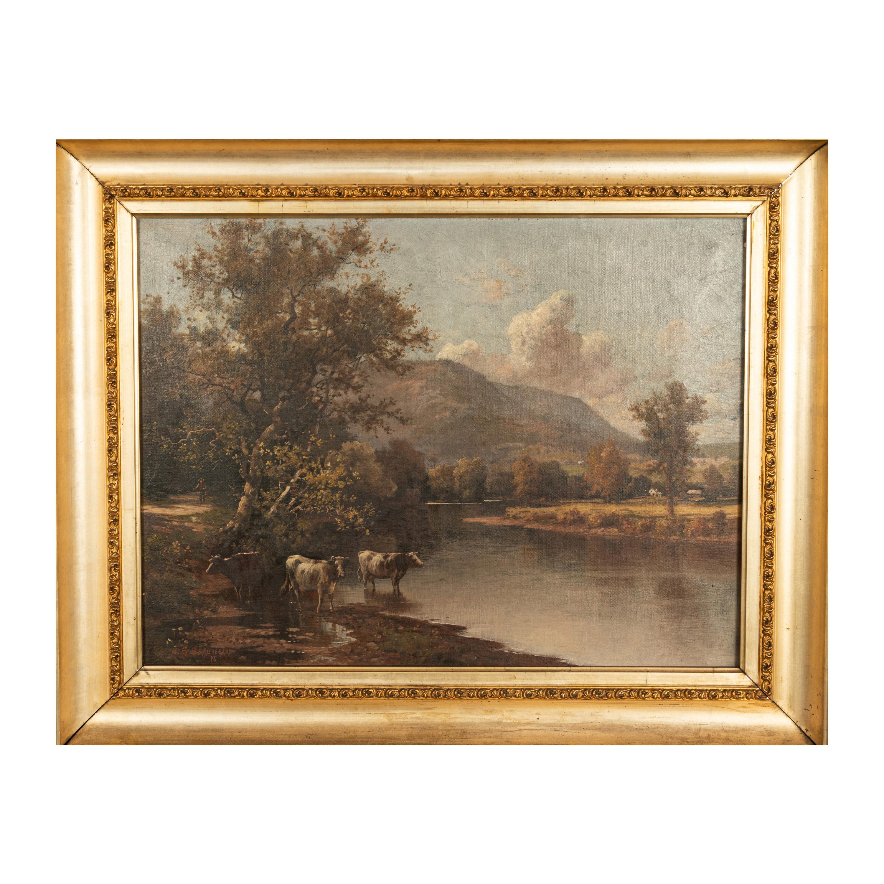Antico dipinto a olio della Scuola del Fiume Hudson americano: Mucche, paesaggio di Troy New York - Painting di Charles Grant Beauregard