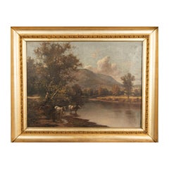 Antique American Hudson River School Oil Painting Cows Landscape Troy New York