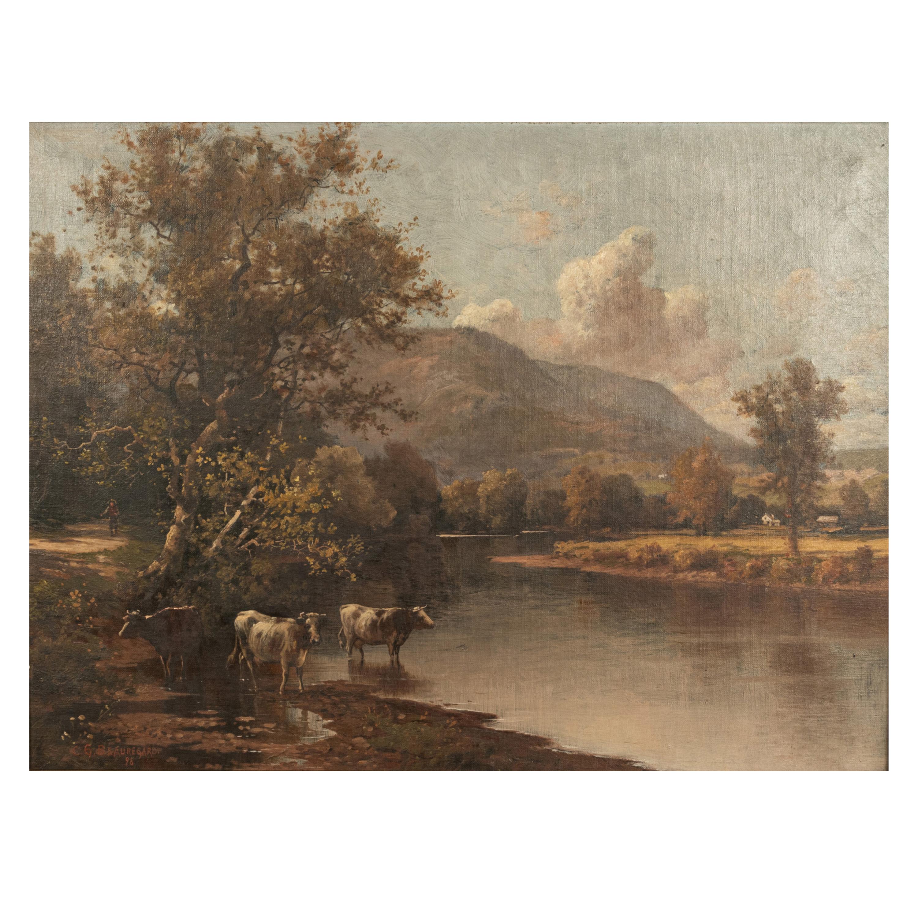 Antico dipinto a olio della Scuola del Fiume Hudson americano: Mucche, paesaggio di Troy New York - Painting Hudson River School di Charles Grant Beauregard