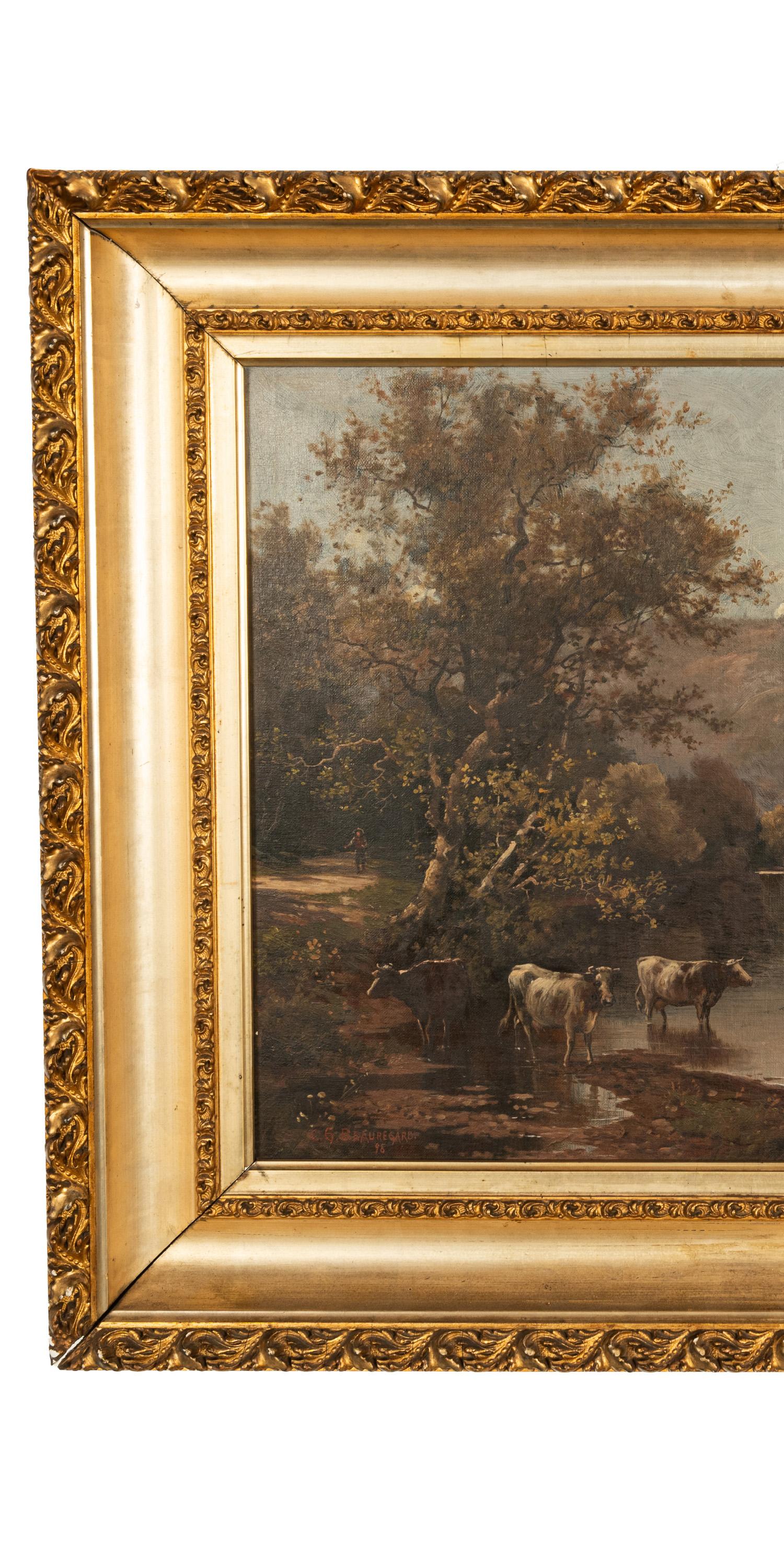Antico dipinto a olio della Scuola del Fiume Hudson americano: Mucche, paesaggio di Troy New York - Animal Painting Marrone di Charles Grant Beauregard