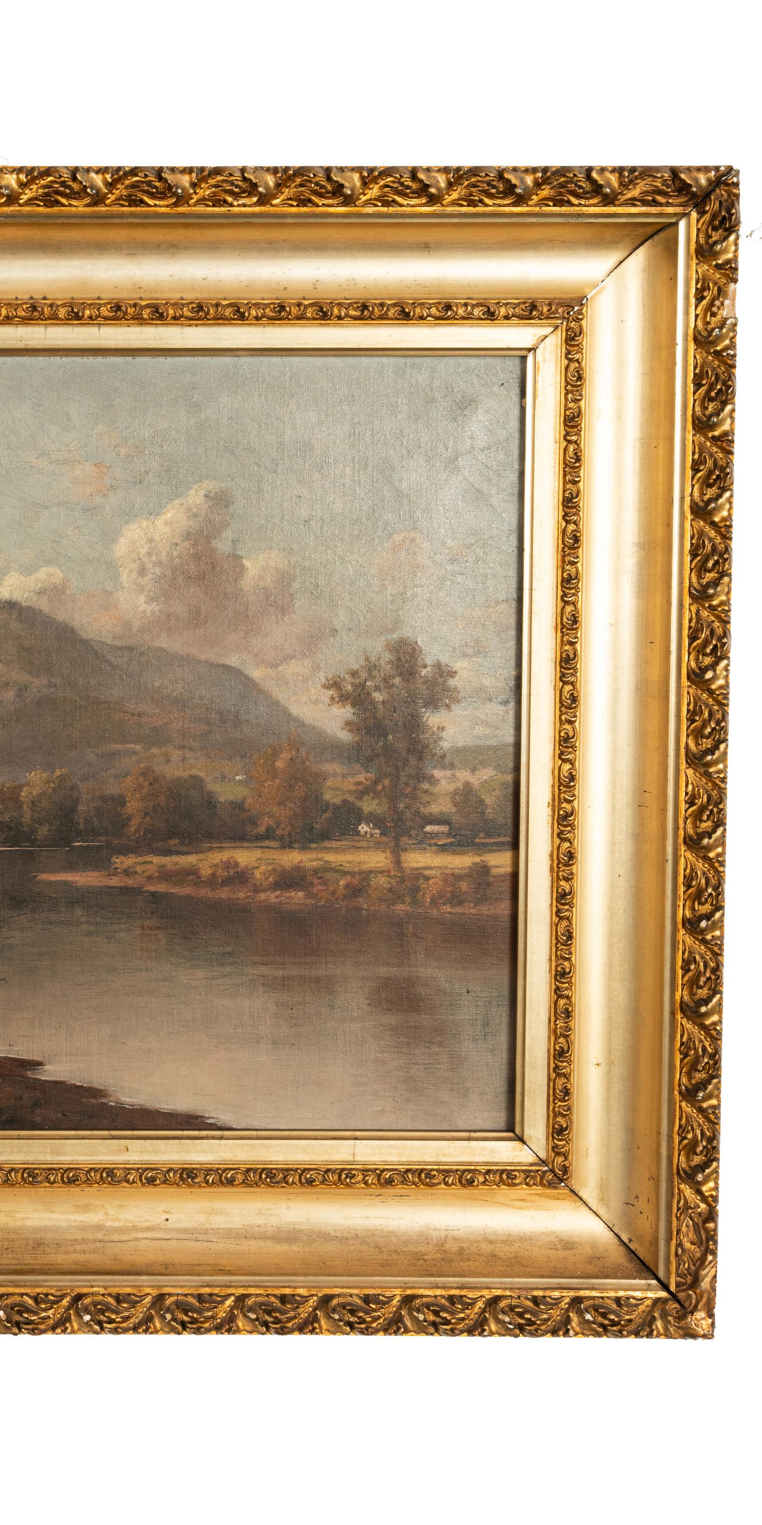 Un bellissimo paesaggio del fiume Hudson dipinto a olio su tela dal celebre artista newyorkese Charles Grant Beauregard (1856-1919), firmato e datato 1898.
Il dipinto raffigura delle mucche in un paesaggio bucolico in piedi sulle rive del fiume