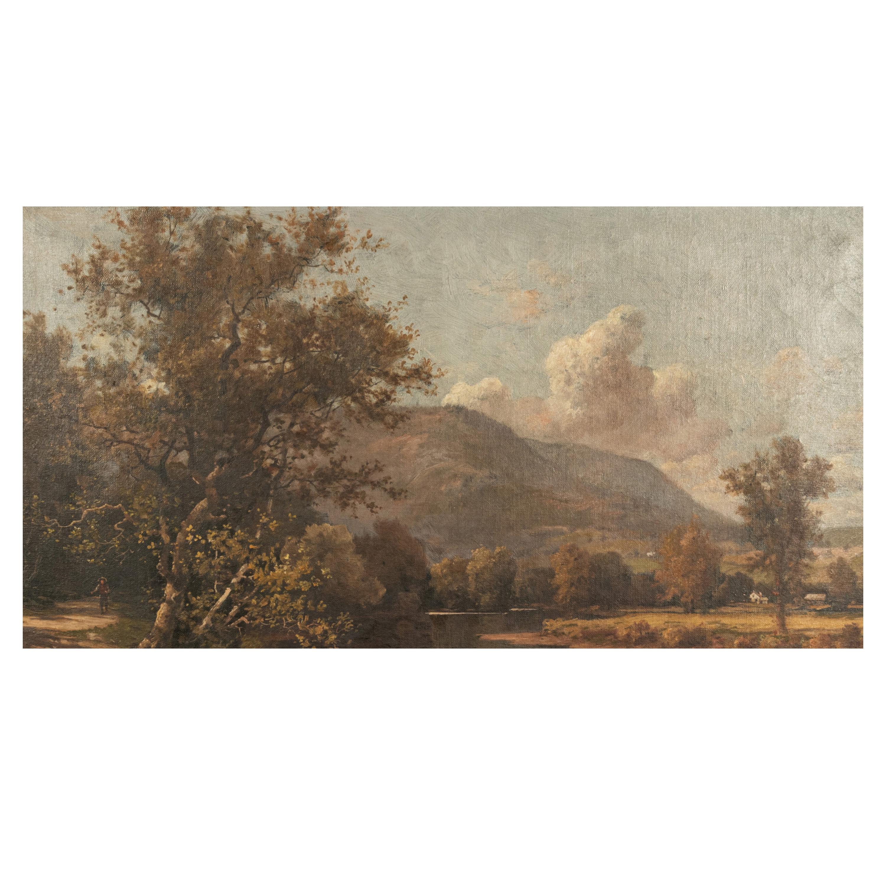 Antico dipinto a olio della Scuola del Fiume Hudson americano: Mucche, paesaggio di Troy New York in vendita 1