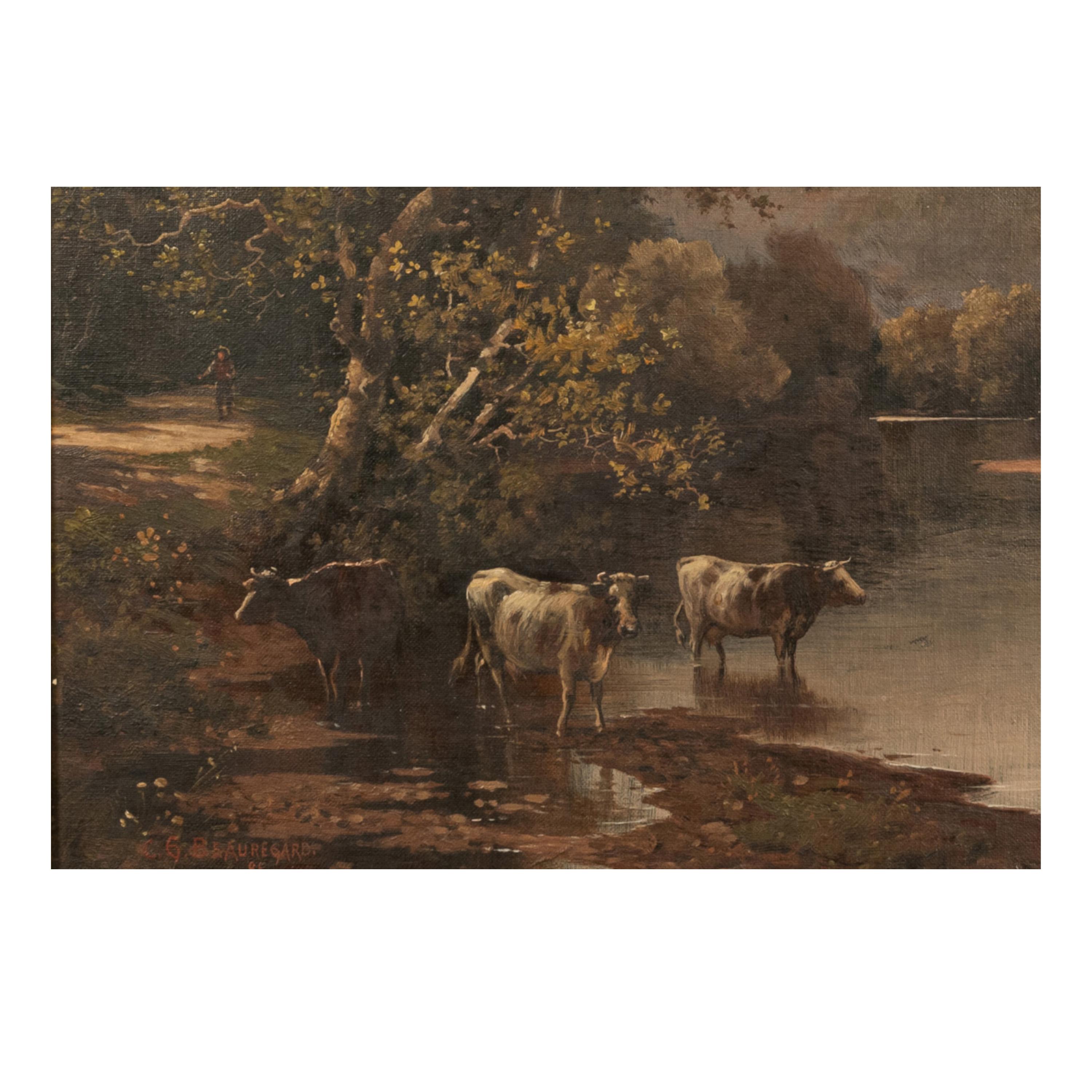 Antico dipinto a olio della Scuola del Fiume Hudson americano: Mucche, paesaggio di Troy New York in vendita 2