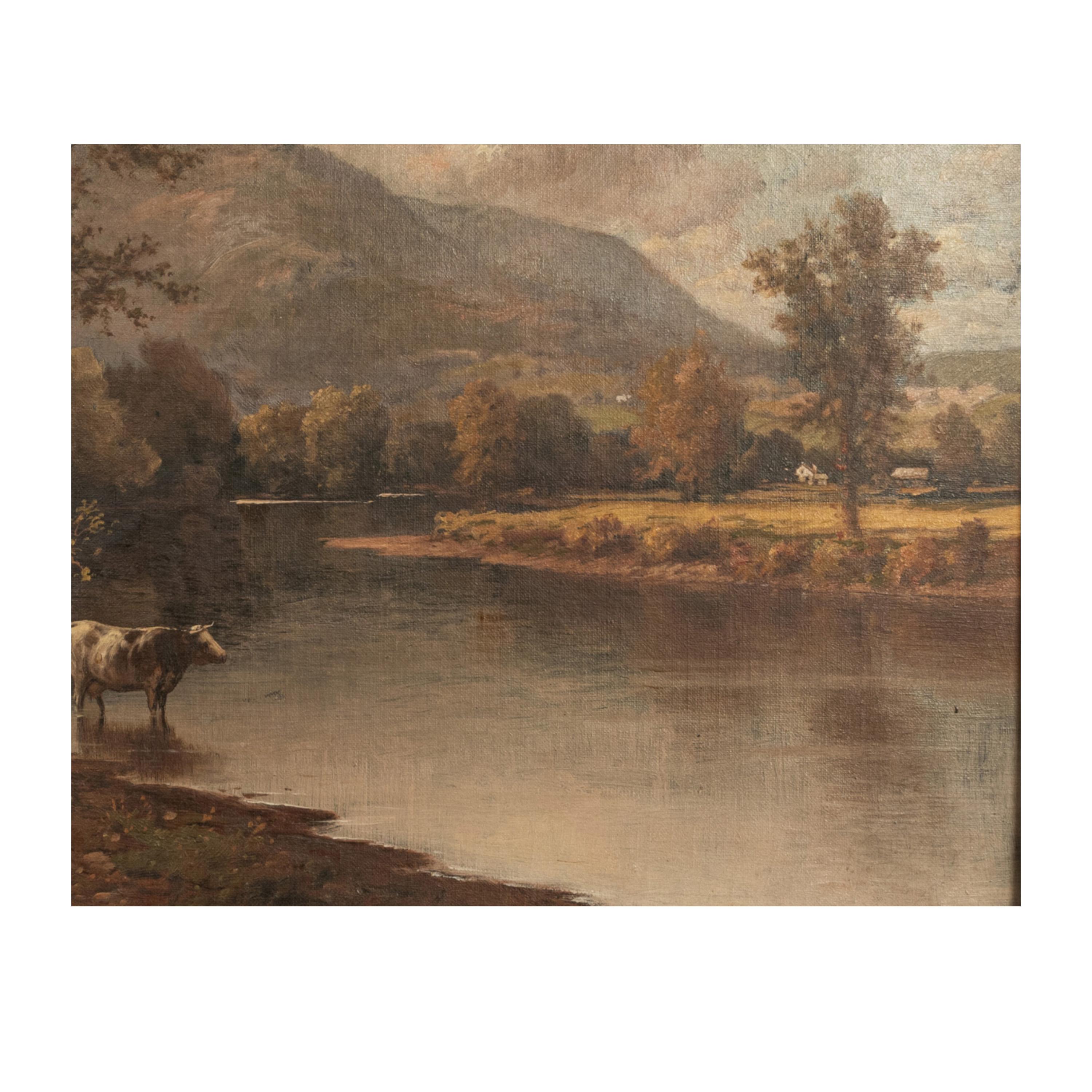 Antico dipinto a olio della Scuola del Fiume Hudson americano: Mucche, paesaggio di Troy New York in vendita 3