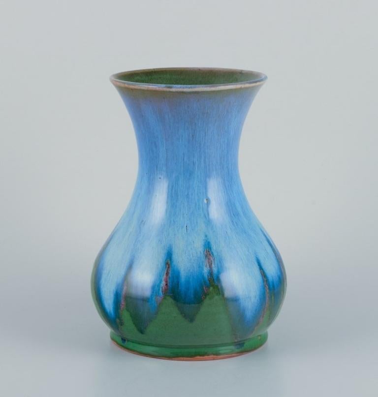 Mid-Century Modern Charles Greber, Beauvais France. Ceramic vase with glaze in blue and green tones For Sale