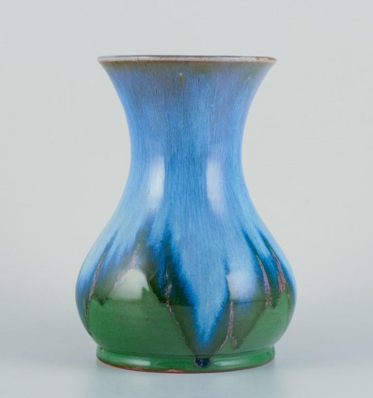French Charles Greber, Beauvais France. Ceramic vase with glaze in blue and green tones For Sale