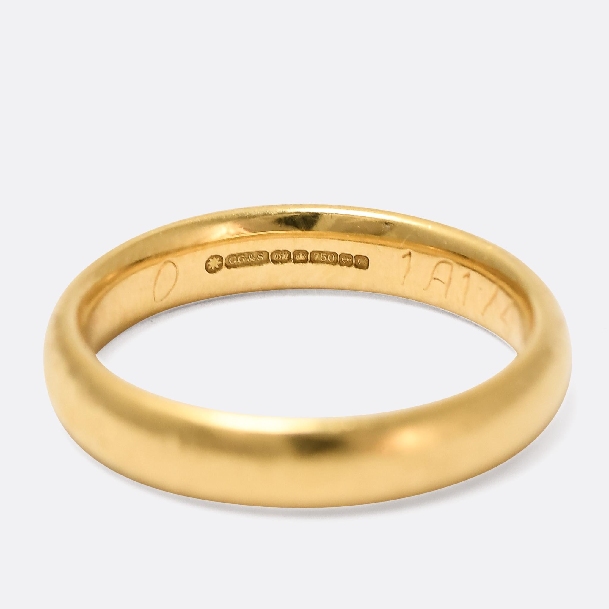 A quality vintage gents wedding band by the renowned Charles Green & Son of Birmingham. It's crafted in 18 karat gold, with a full set of English hallmarks and a fine vintage patina.

MEASUREMENTS 
Width of band: 

WEIGHT 
5.8g

MARKS 
C G & S