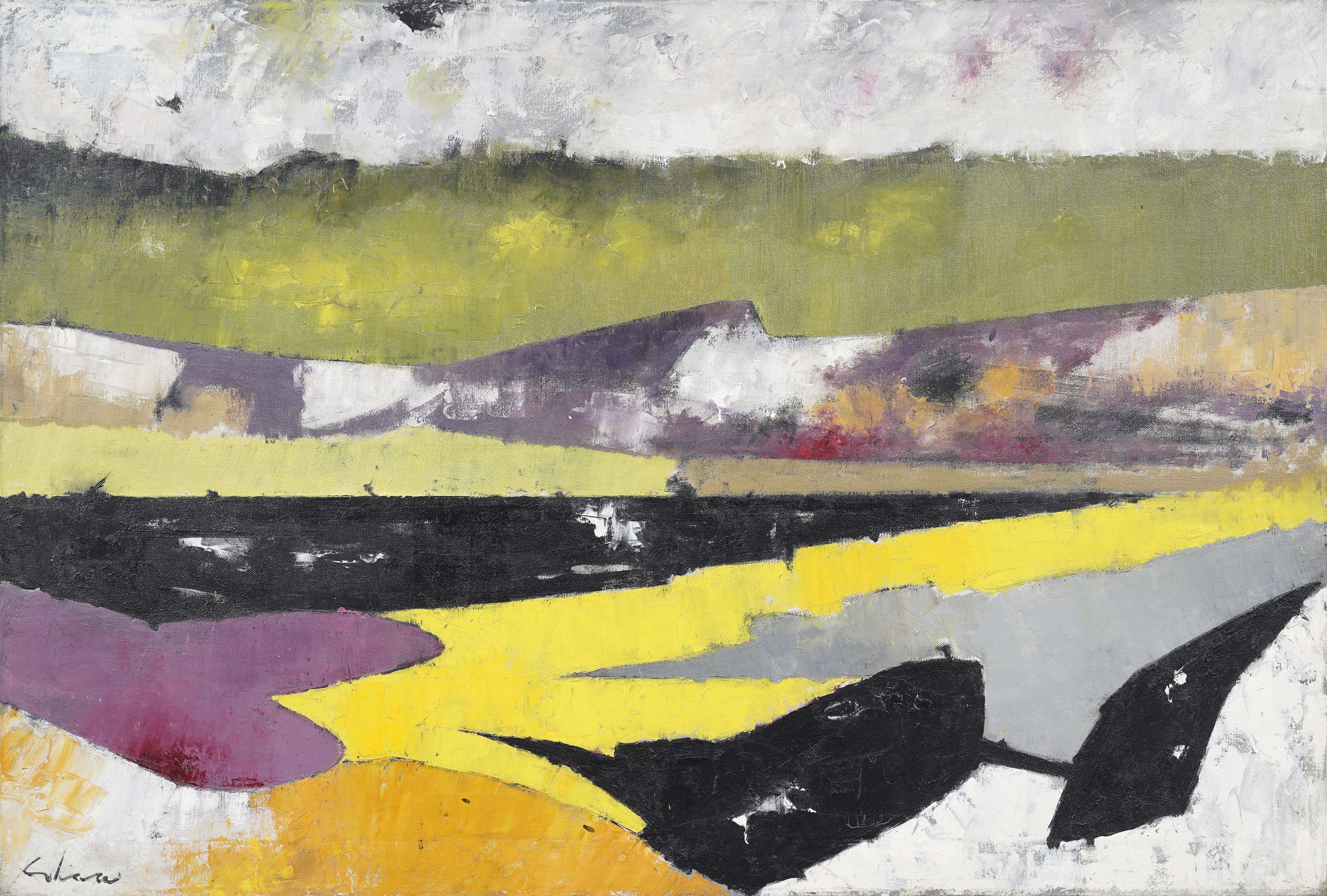 Gran cuadro al óleo antiguo americano modernista abstracto enmarcado Paisaje Fauvsit - Painting Moderno de Charles Green Shaw 