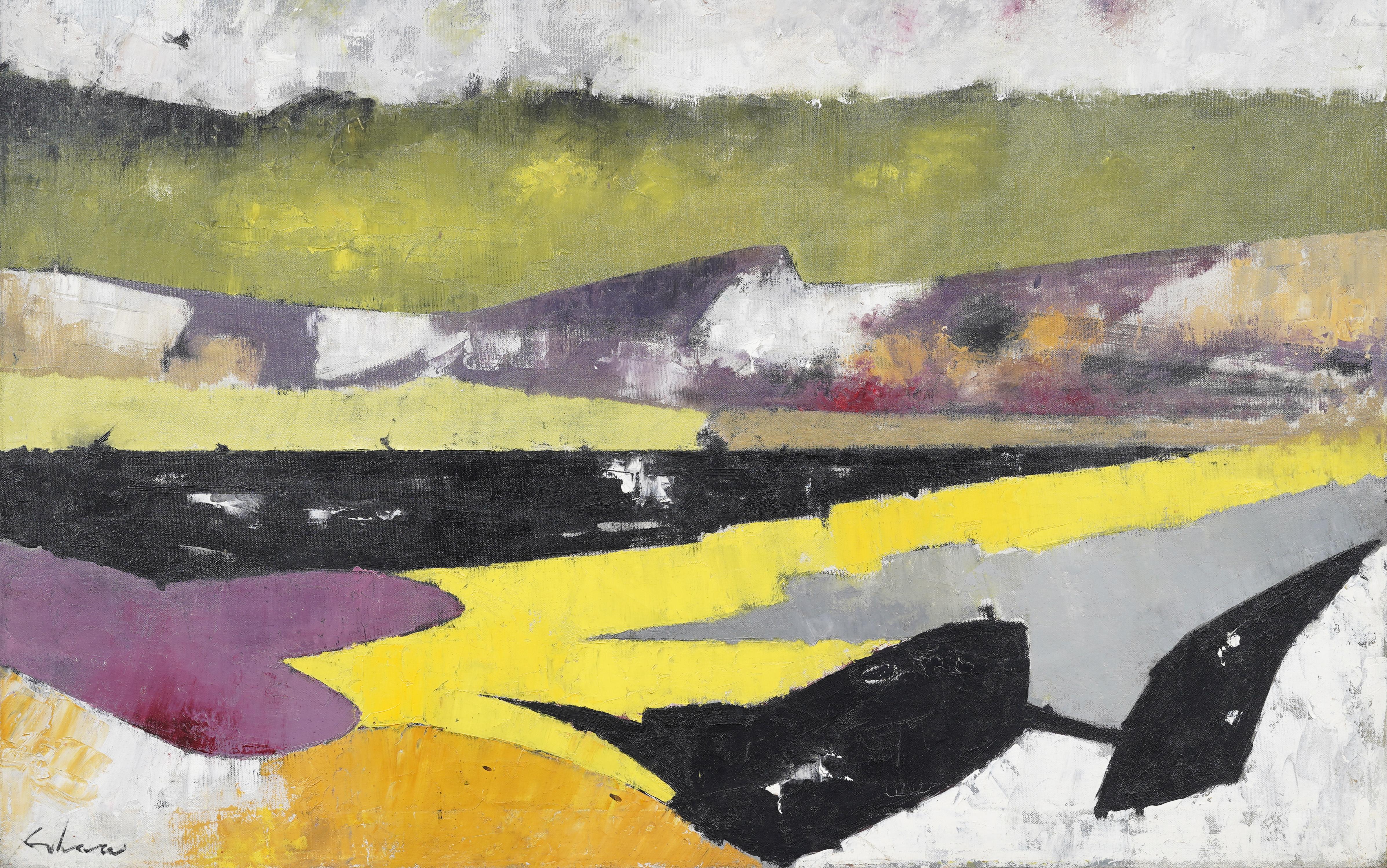 Gran cuadro al óleo antiguo americano modernista abstracto enmarcado Paisaje Fauvsit - Landscape Painting Beige de Charles Green Shaw 