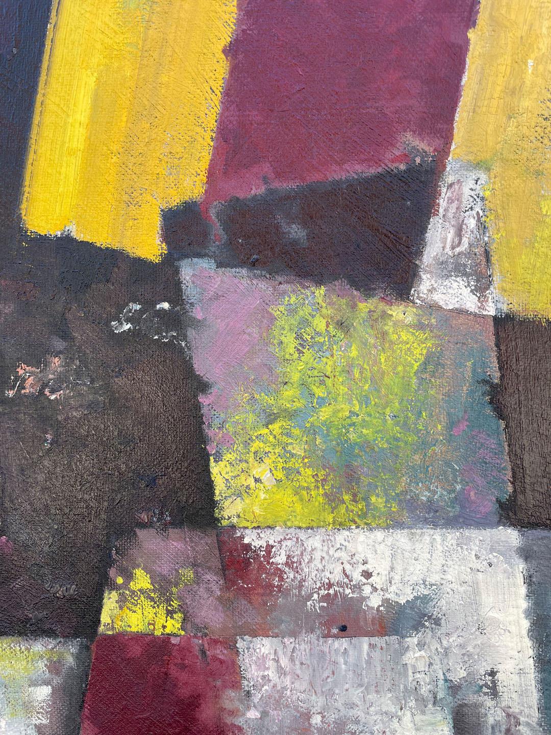 By the Dawn's Early Light, peinture à l'huile abstraite du milieu du siècle dernier, noir, rouge et jaune en vente 1