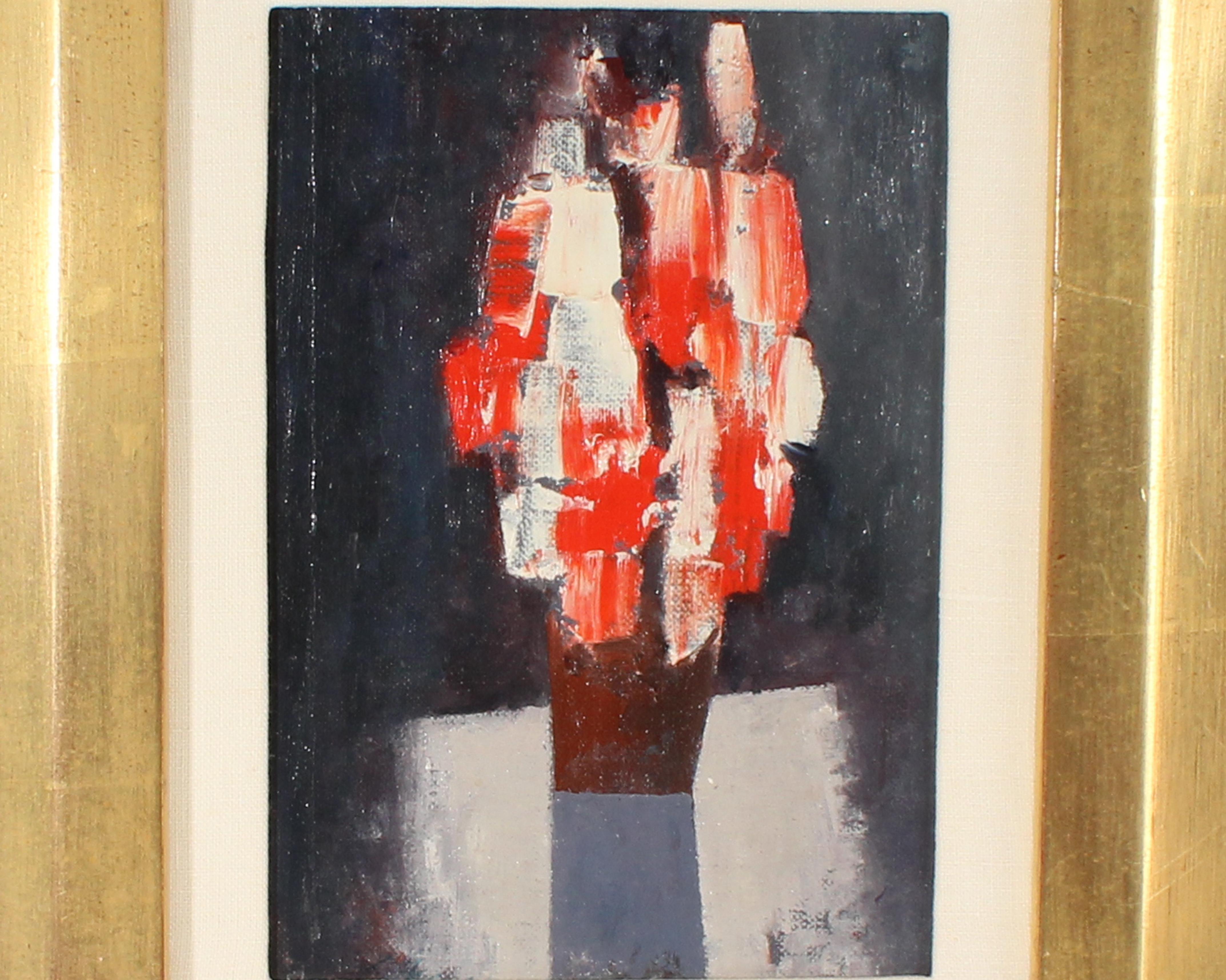 An oil on board painting by the American artist Charles Green Shaw (1892-1974). Signed to the lower left, the painting depicts an abstract still life scene with a bouquet of red and white flowers in a vase. The painting is displayed in a gold tone