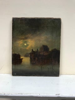 Fine Victorian Moonlit River Landscape Oil Painting Listed Artist