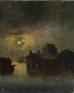 Antique Fine Victorian Moonlit River Landscape Oil Painting Listed Artist