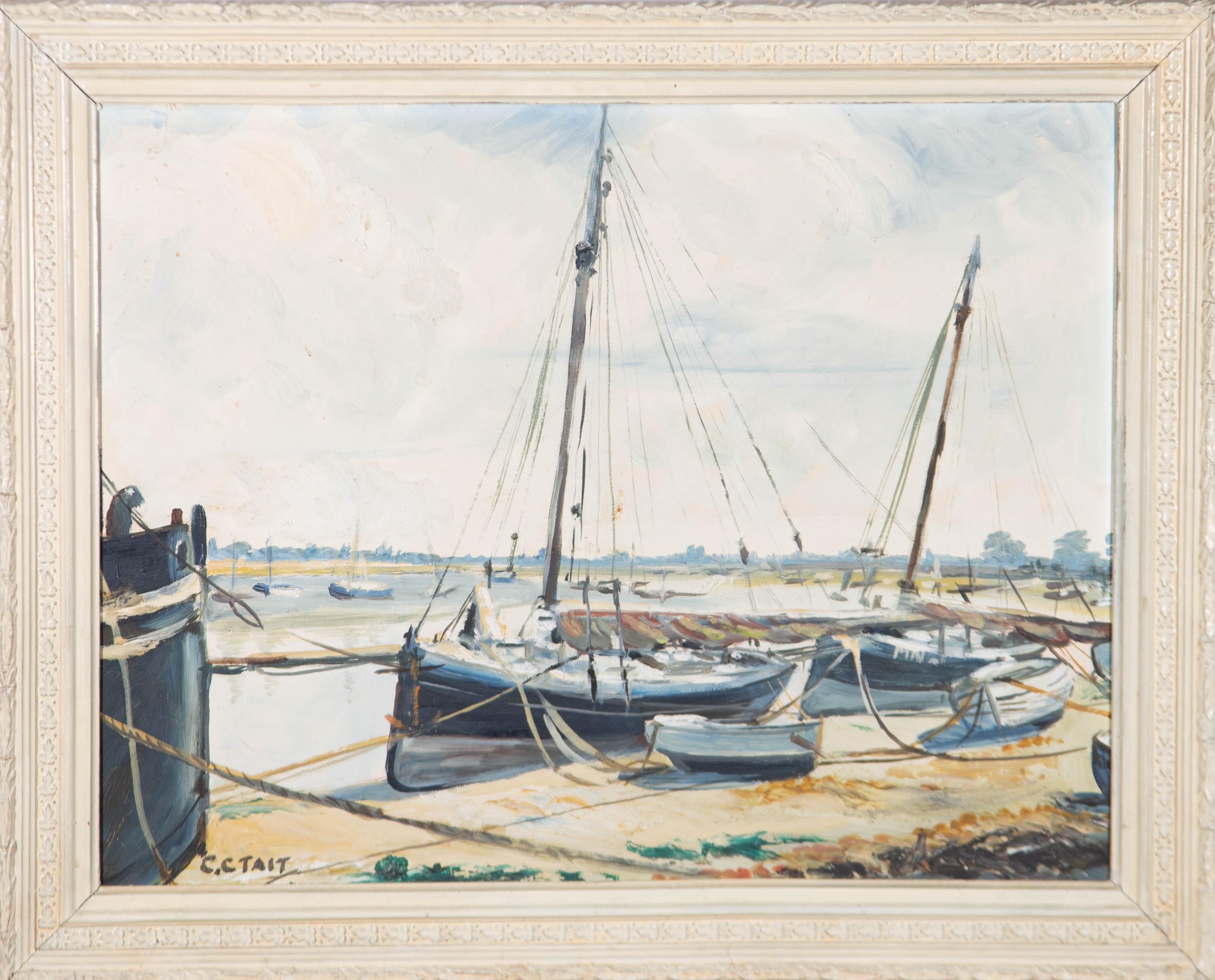 A wonderful coastal view by the artist Charles Grigg Tait. Most likely depicting an area of Maldon where Tait lived for many years. With expressive paintwork and bold use of colour typical of Tait's style. Well presented in a painted white frame