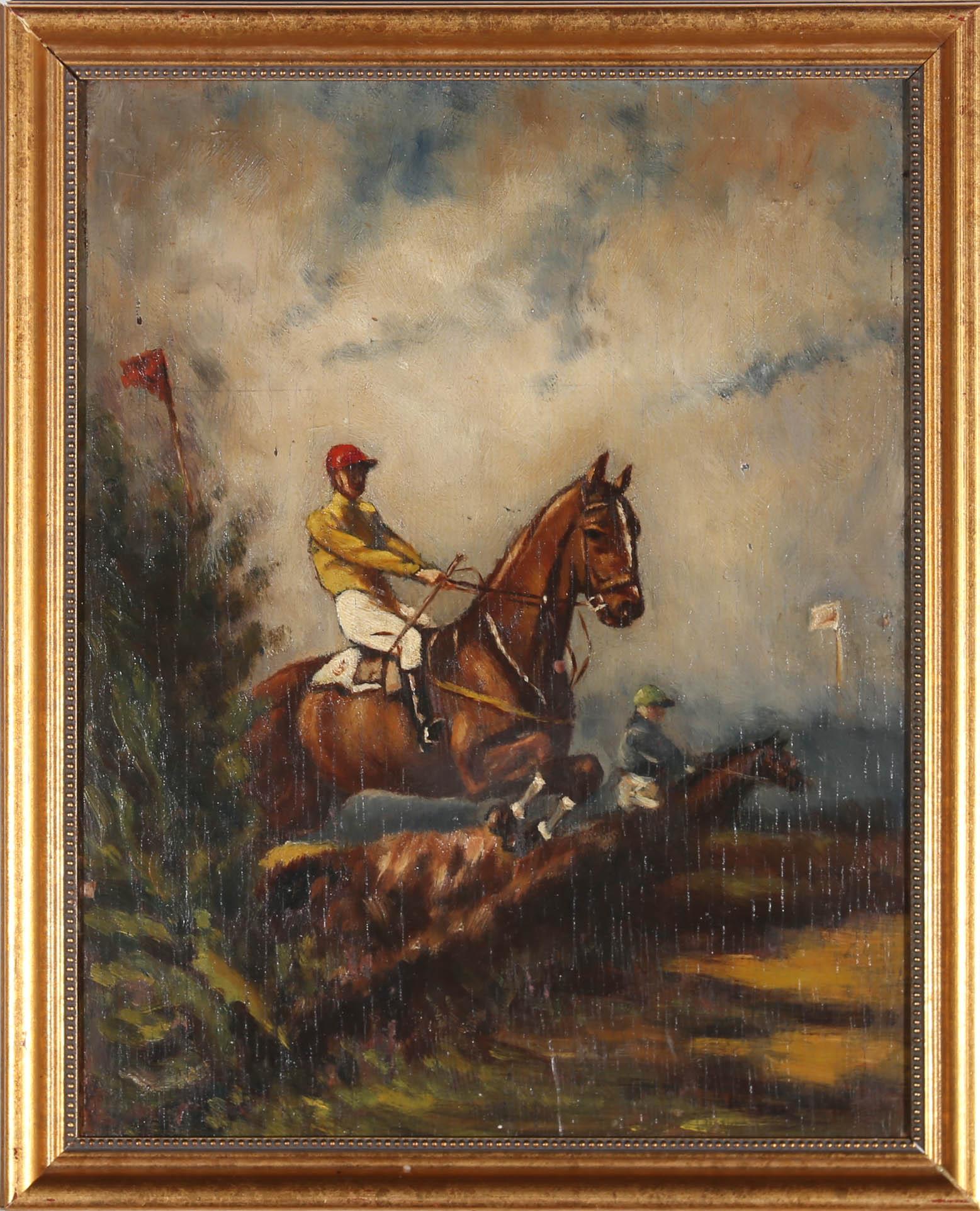 Amateur riders can be seen bounding over fences in this energetic study of a steeplechase race. Elegantly presented in a 20th century gilt frame with bead course. Signed and titled, verso. On panel. 