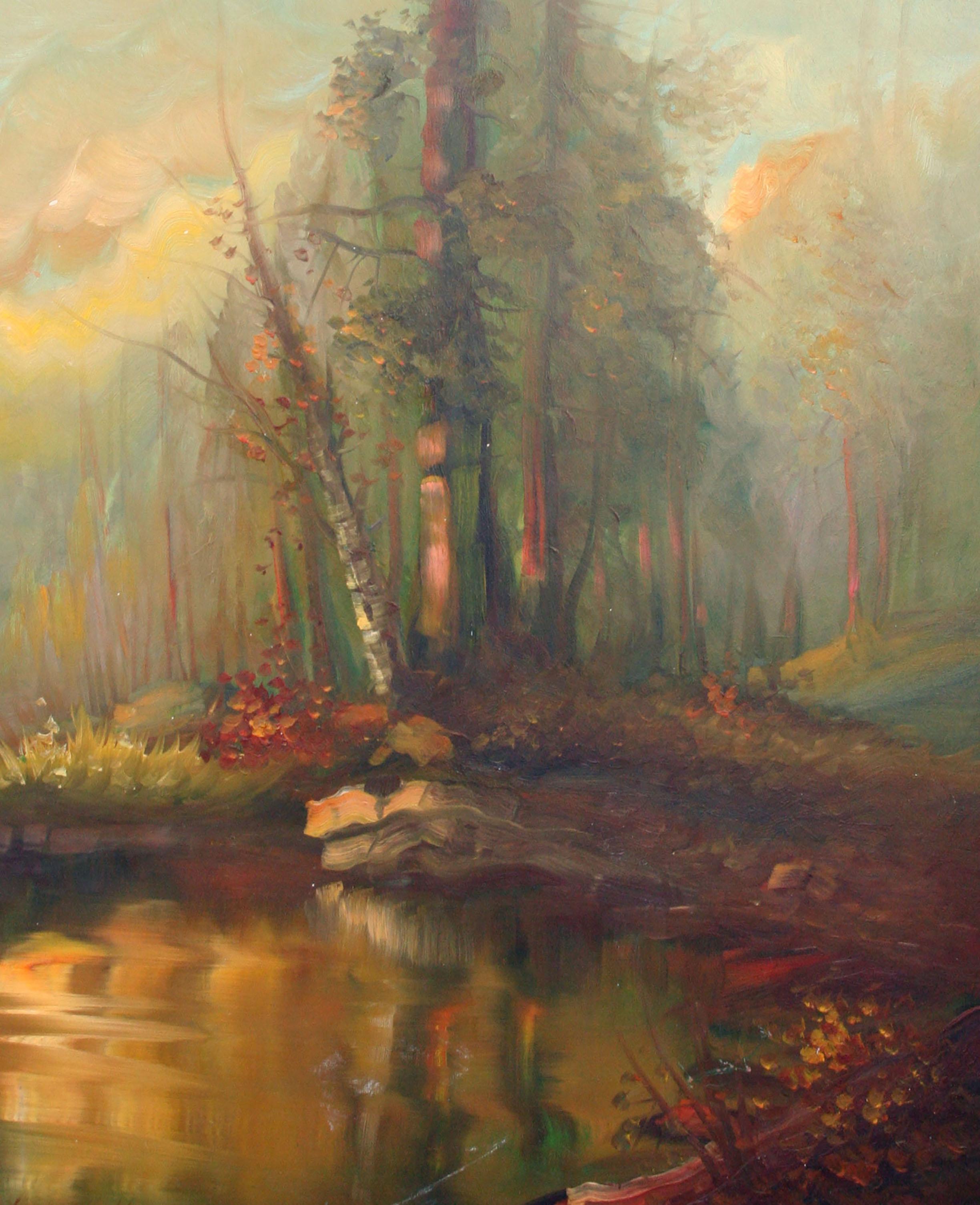 Paysage de la forêt et de l'étang au coucher du soleil des années 1960 - Painting de Charles Grove