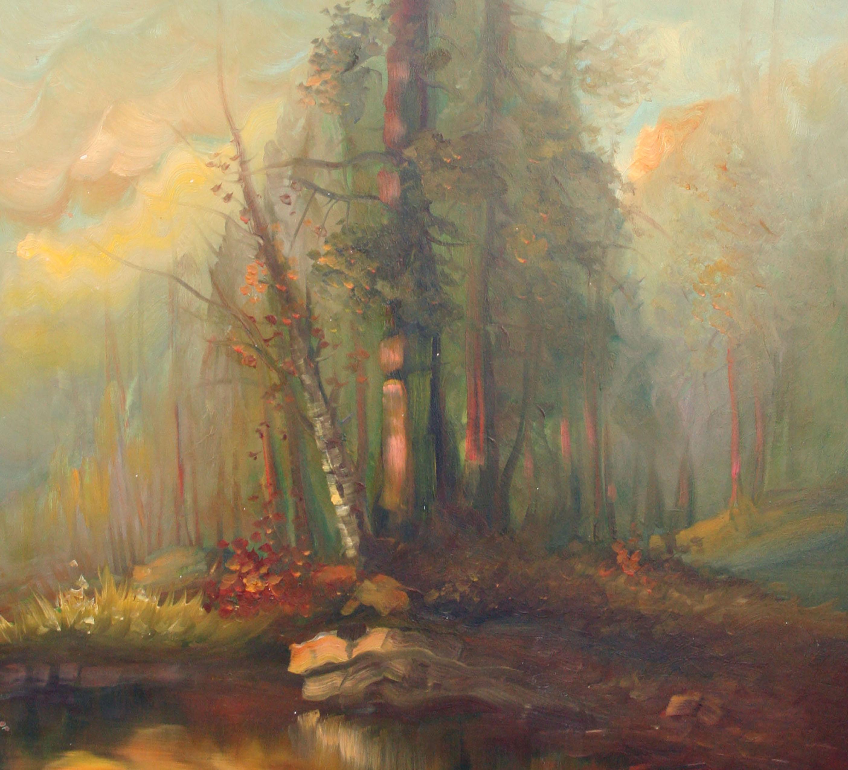 Paysage de la forêt et de l'étang au coucher du soleil des années 1960 - Impressionnisme américain Painting par Charles Grove