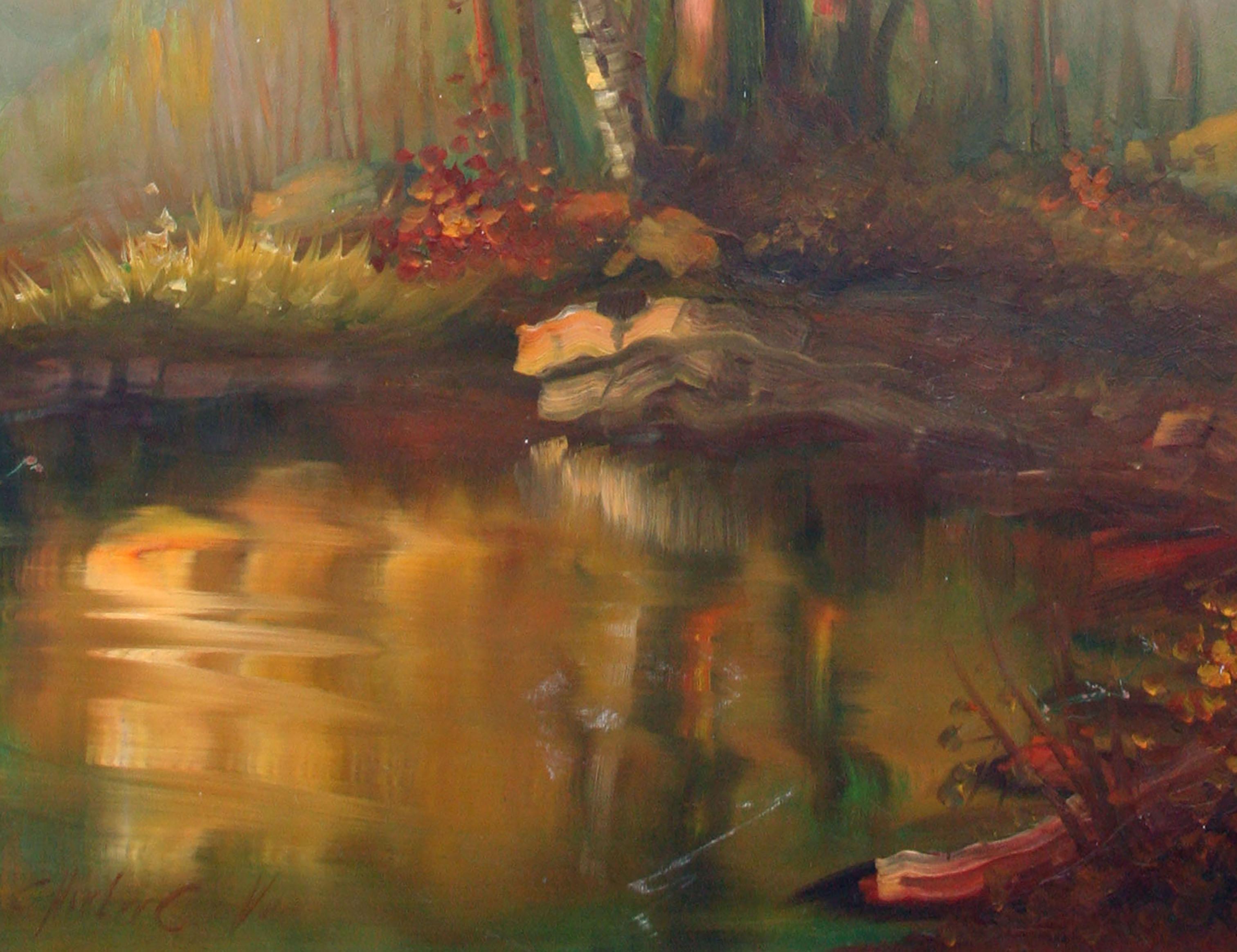 Paysage de la forêt et de l'étang au coucher du soleil des années 1960 - Marron Landscape Painting par Charles Grove