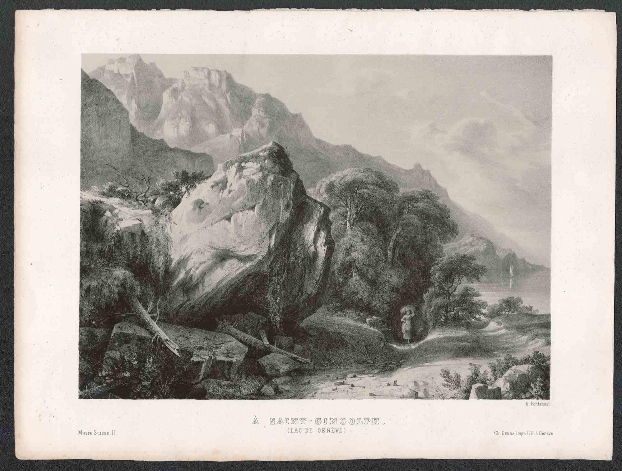 Embouchures de Rhone' and 'A Saint Gingolph' are original Lithografs realized by Charles Gruaz in the 19th Century.

Printed in Geneva by Charles Gruaz, for the edition of Musée Suisse.

Print is applied on the coeval card with the title and the