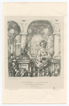 Antique "Jeune femme a la balustrade" original lithograph
