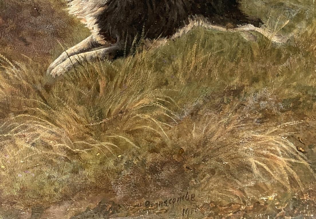 Charles H. Branscombe (British, 1858 - 1924) - Grazing sheep and Border Collie dog.

62 x 91.5 cm without frame, 67 x 97.5 cm with frame.

Antique oil painting on canvas, in a gilded wooden frame.

- Work signed and dated lower right.

Condition