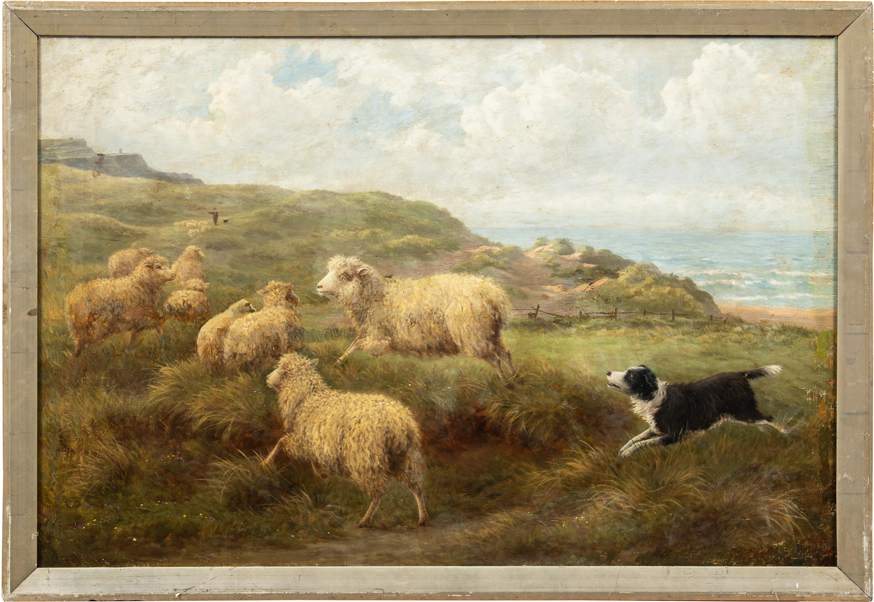 Charles H. Branscombe Animal Painting - Charles Branscombe (British) - Early 20th century painting - Dog Sheeps - Signed