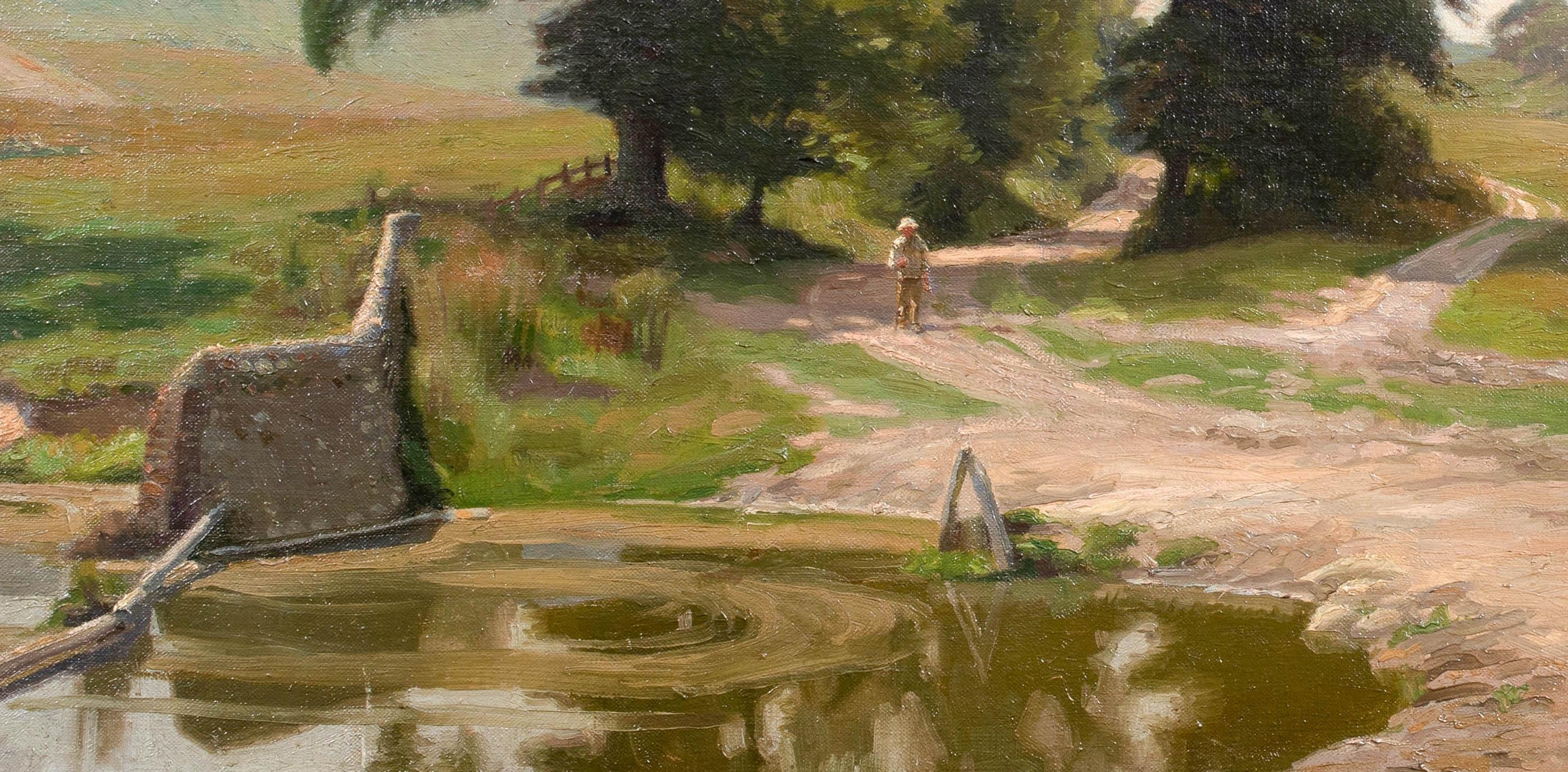 A Dorset Watering Hole, early 20th Century 

by CHARLES HENRY HARRISON BURLEIGH (BRITISH, 1875-1956)

Large circa 1920 landscape view of a Dorset watering hole, oil on canvas by Charles Burleigh. Exceptional detail and sunlit study a figure walking