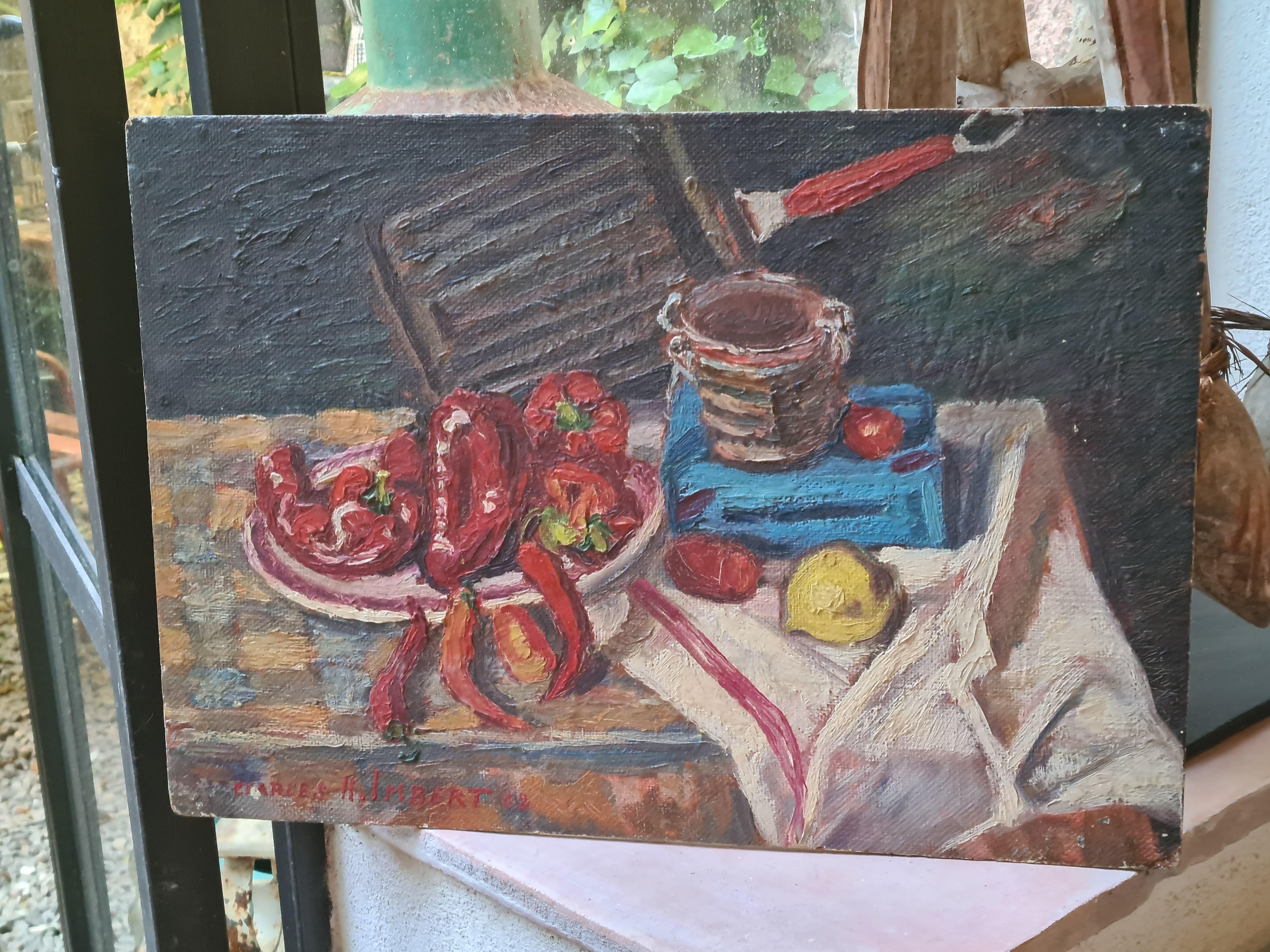 Französisches postimpressionistisches Stillleben, Rote Paprika, Hommage an Cezanne im Angebot 5